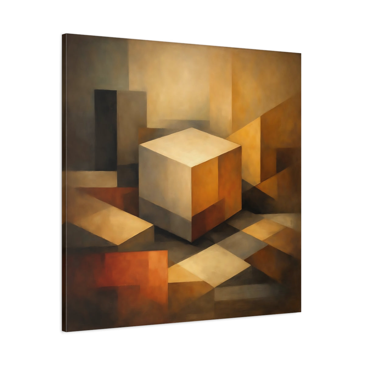 Main Mockup. Abstract Geometric Cube Brown Beige Abstract shown as stretched canvas wall art