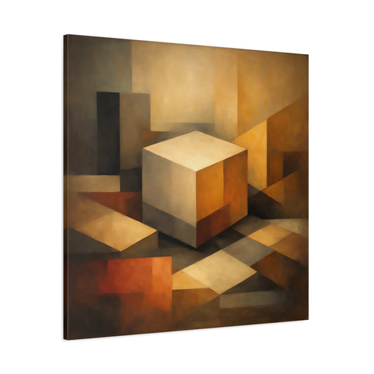 Main Mockup. Abstract Geometric Cube Brown Beige Abstract shown as stretched canvas wall art