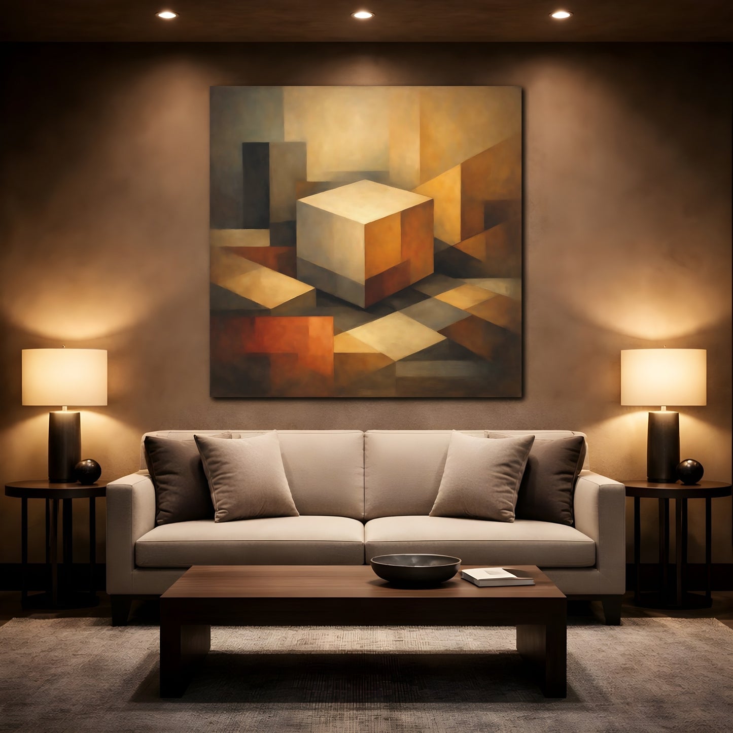 Mockup 2. Abstract Geometric Cube Brown Beige Abstract shown as stretched canvas wall art