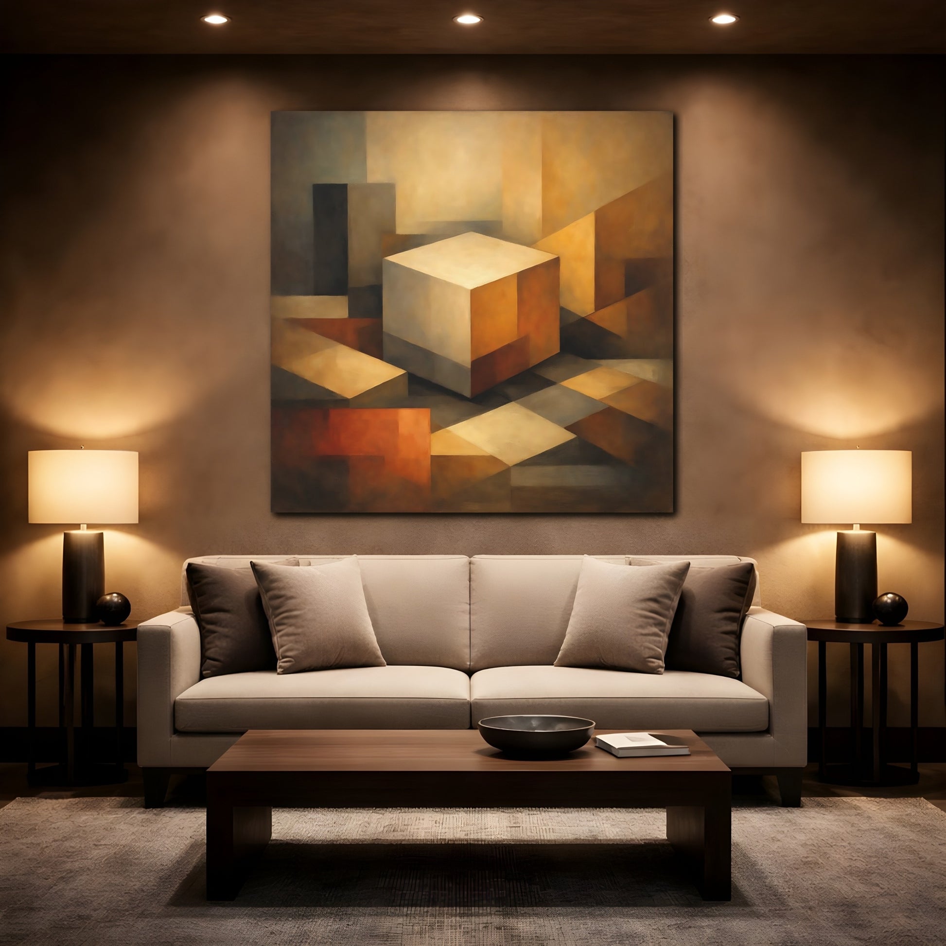 Mockup 2. Abstract Geometric Cube Brown Beige Abstract shown as stretched canvas wall art