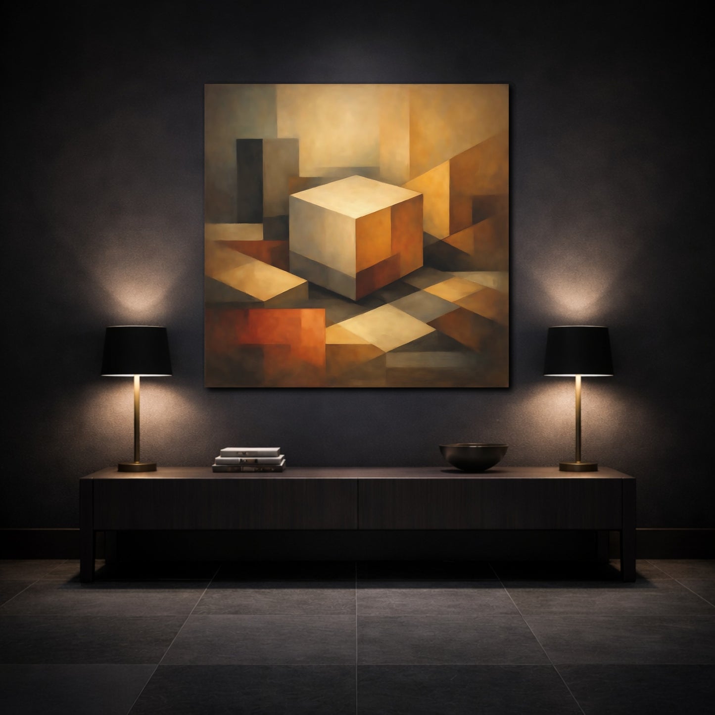 Mockup 3. Abstract Geometric Cube Brown Beige Abstract shown as stretched canvas wall art