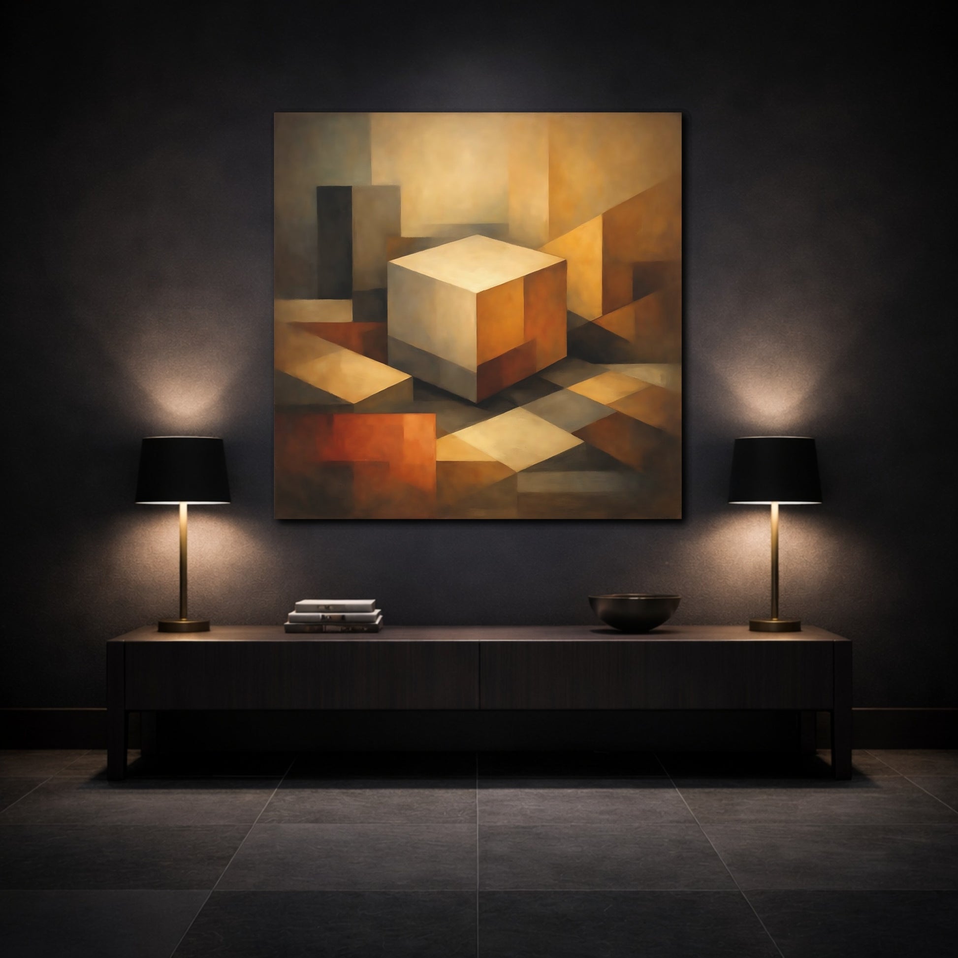 Mockup 3. Abstract Geometric Cube Brown Beige Abstract shown as stretched canvas wall art