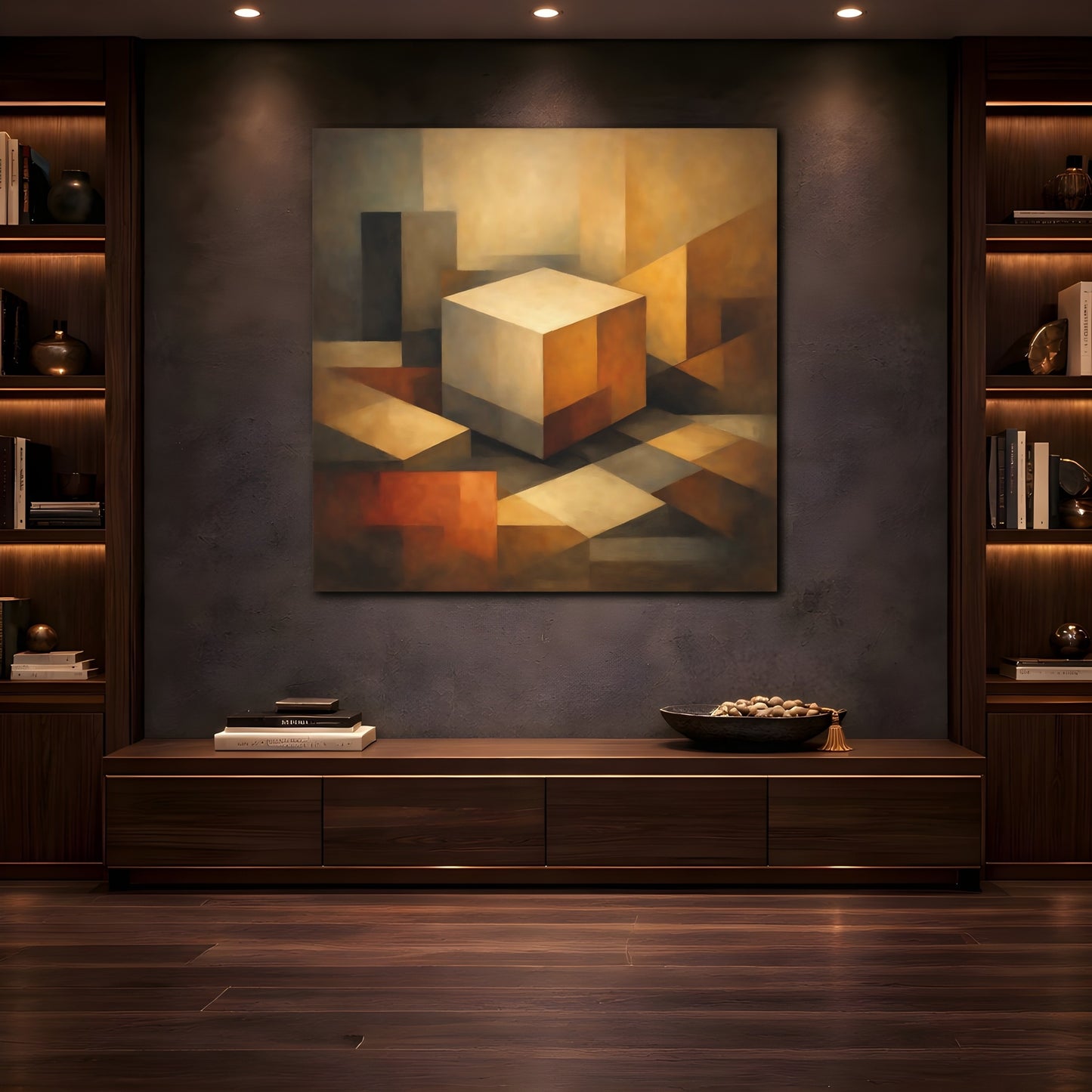 Mockup 4. Abstract Geometric Cube Brown Beige Abstract shown as stretched canvas wall art