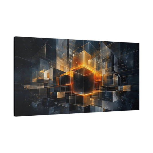 Main Mockup. Abstract Geometric Cubes Orange And Black shown as stretched canvas wall art