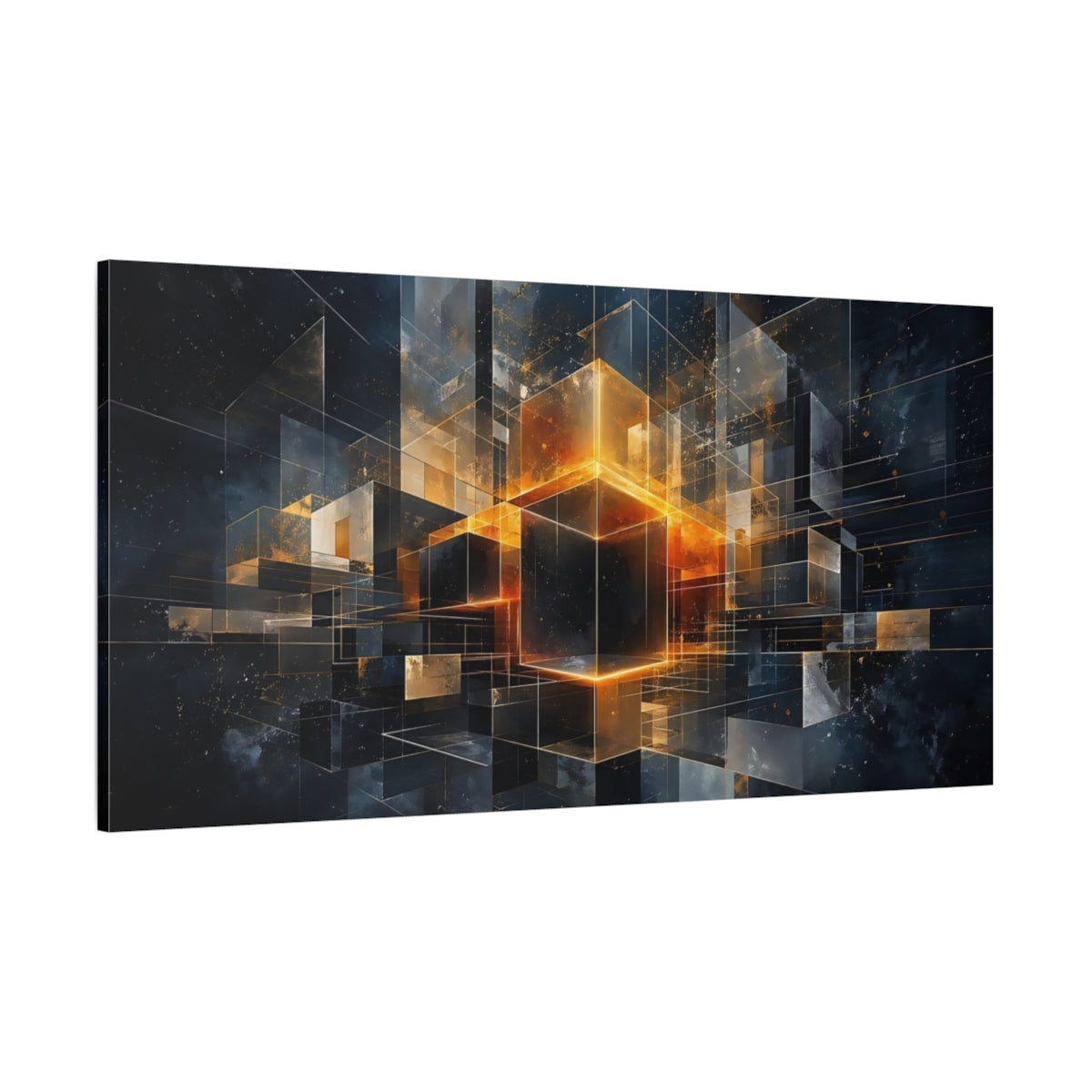 Side Mockup 2. Abstract Geometric Cubes Orange And Black shown as stretched canvas wall art
