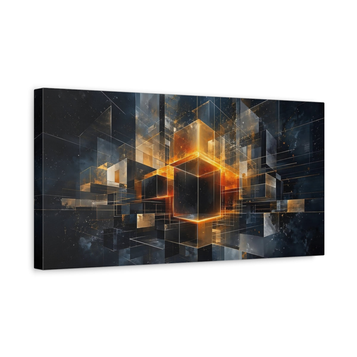 Side Mockup 3. Abstract Geometric Cubes Orange And Black shown as stretched canvas wall art
