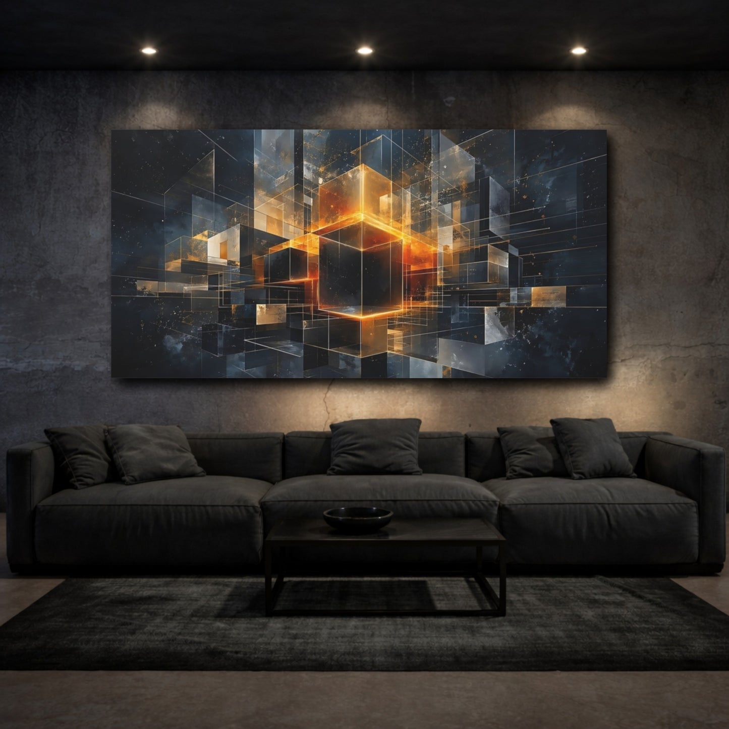Mockup 2. Abstract Geometric Cubes Orange And Black shown as stretched canvas wall art