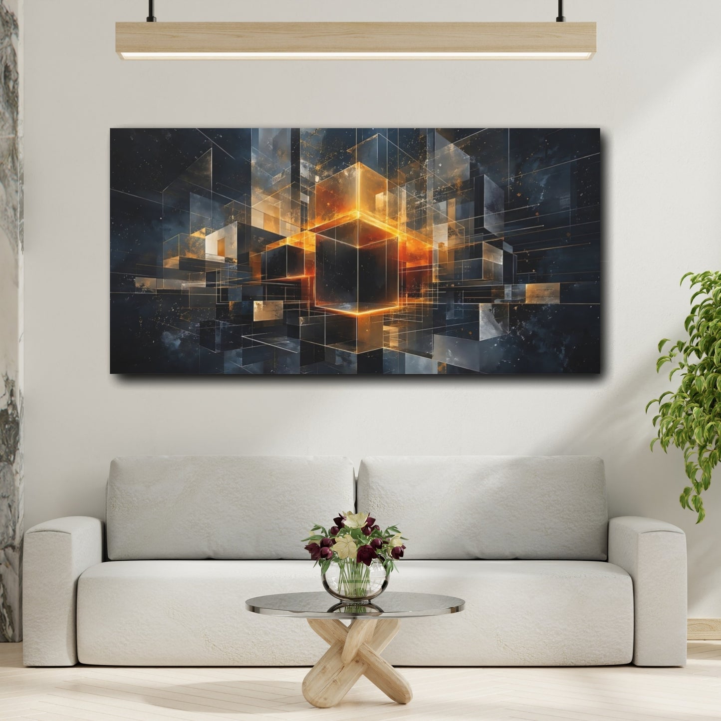Mockup 3. Abstract Geometric Cubes Orange And Black shown as stretched canvas wall art