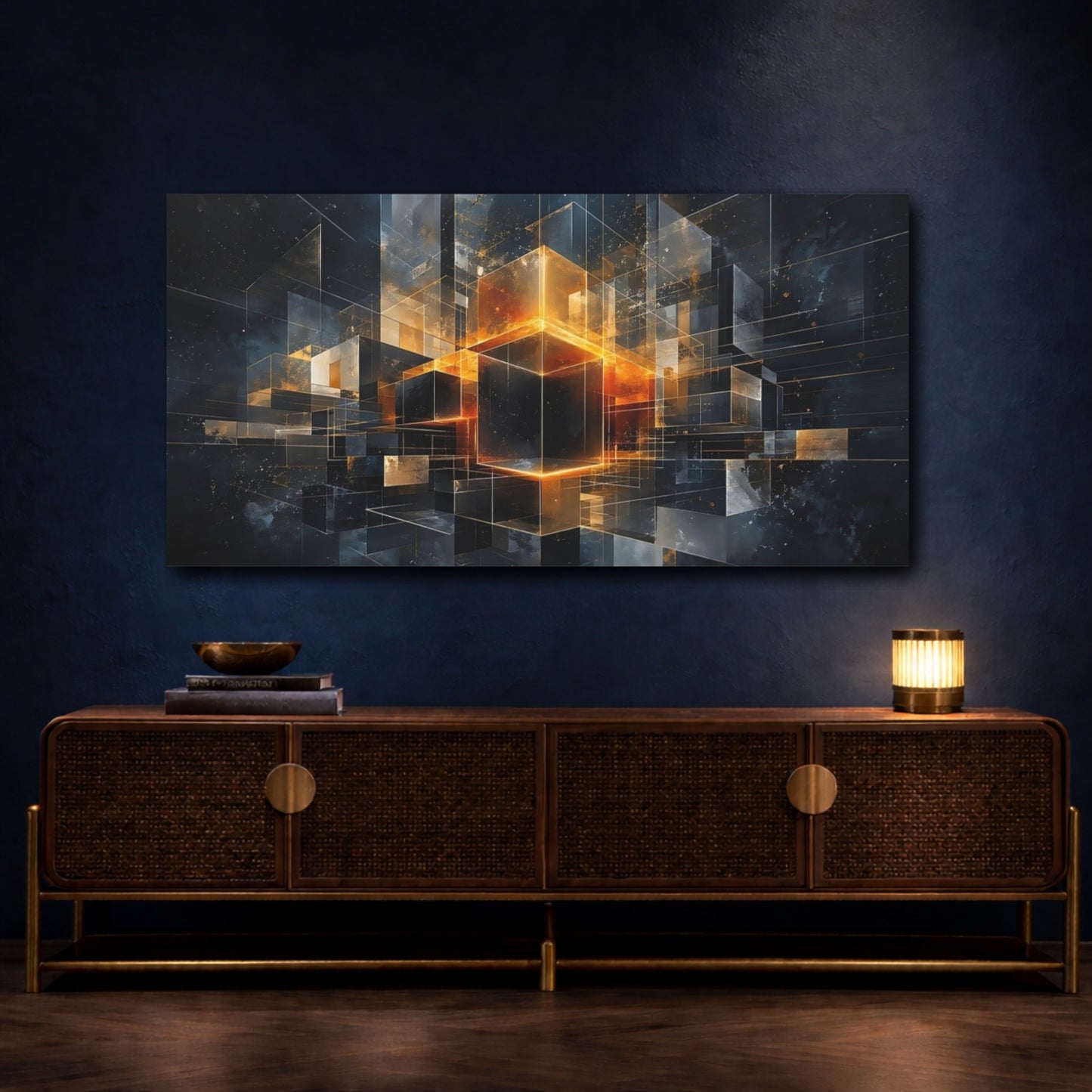 Mockup 4. Abstract Geometric Cubes Orange And Black shown as stretched canvas wall art