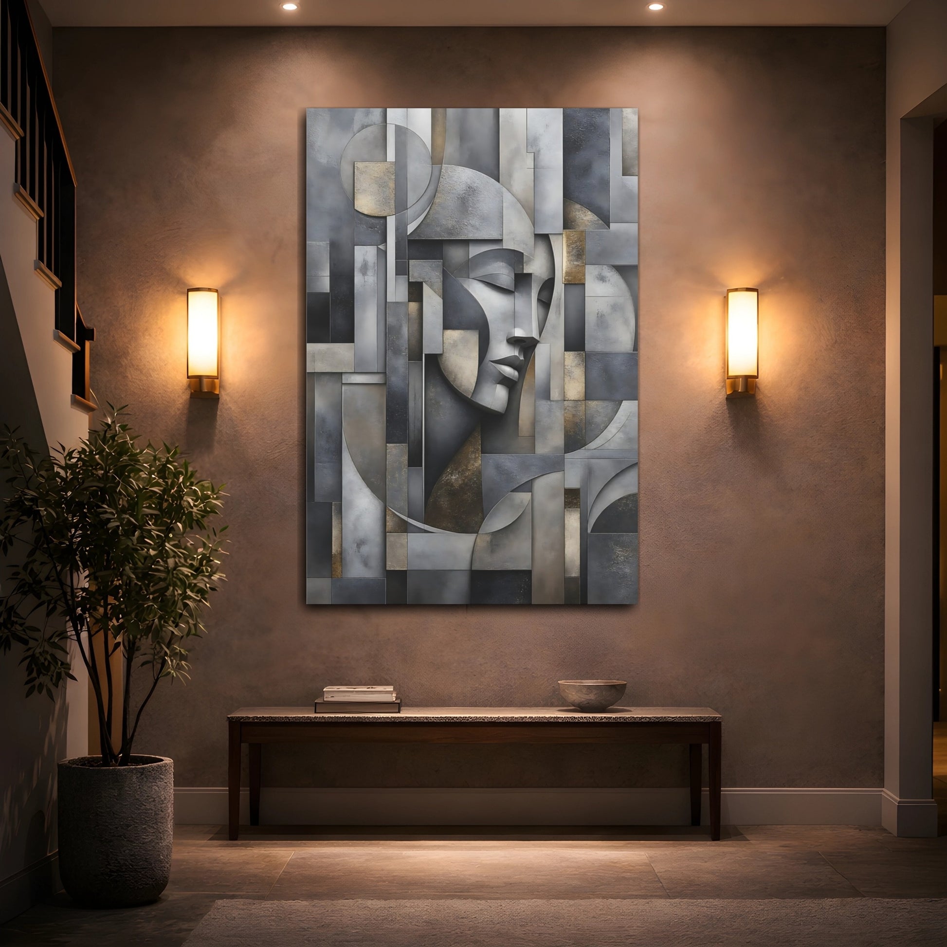 Mockup 2. Abstract Geometric Face Grey And Gold Abstract shown as stretched canvas wall art