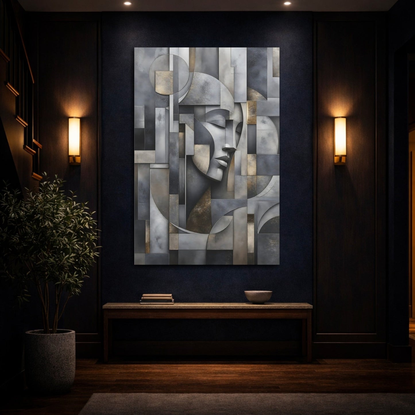 Abstract Geometric Face Grey And Gold Canvas Print – Living Room, Above Couch - YesArtYes