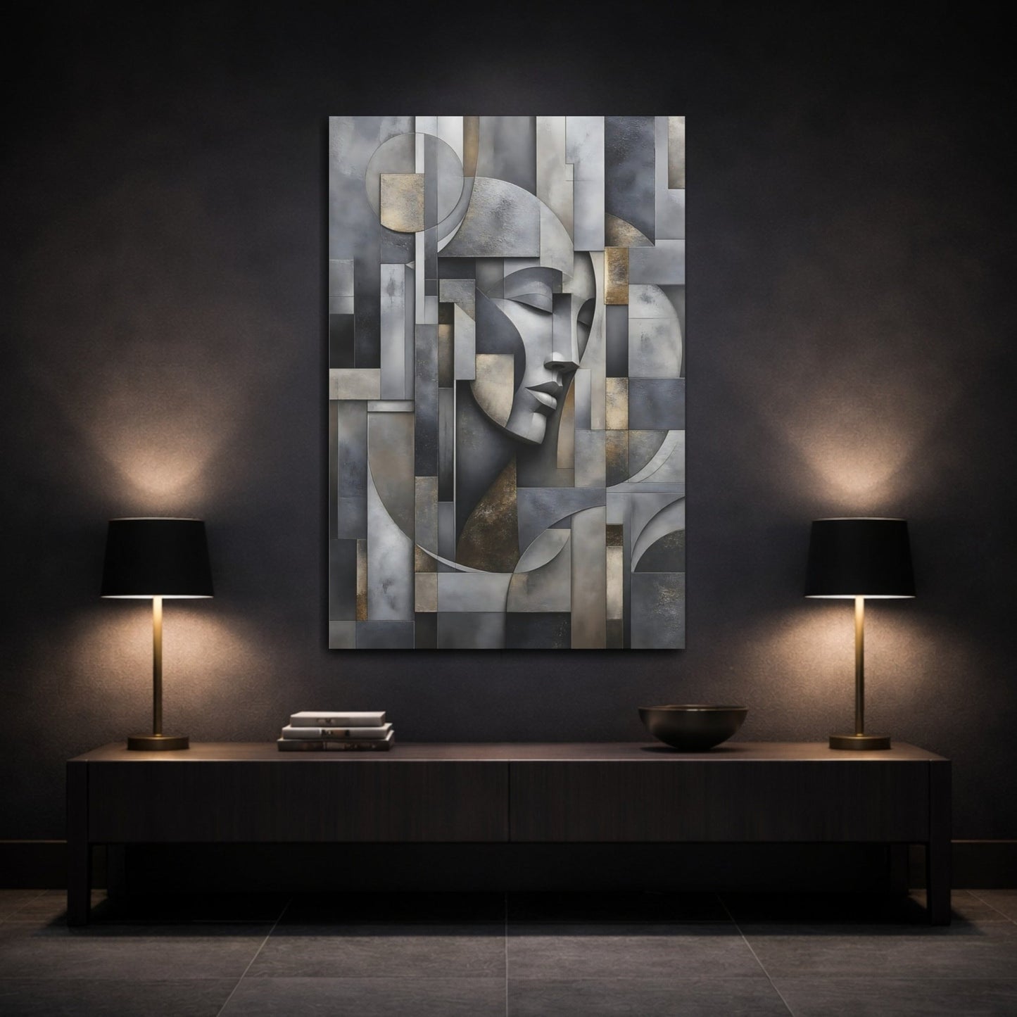 Abstract Geometric Face Grey And Gold Canvas Print – Living Room, Above Couch - YesArtYes