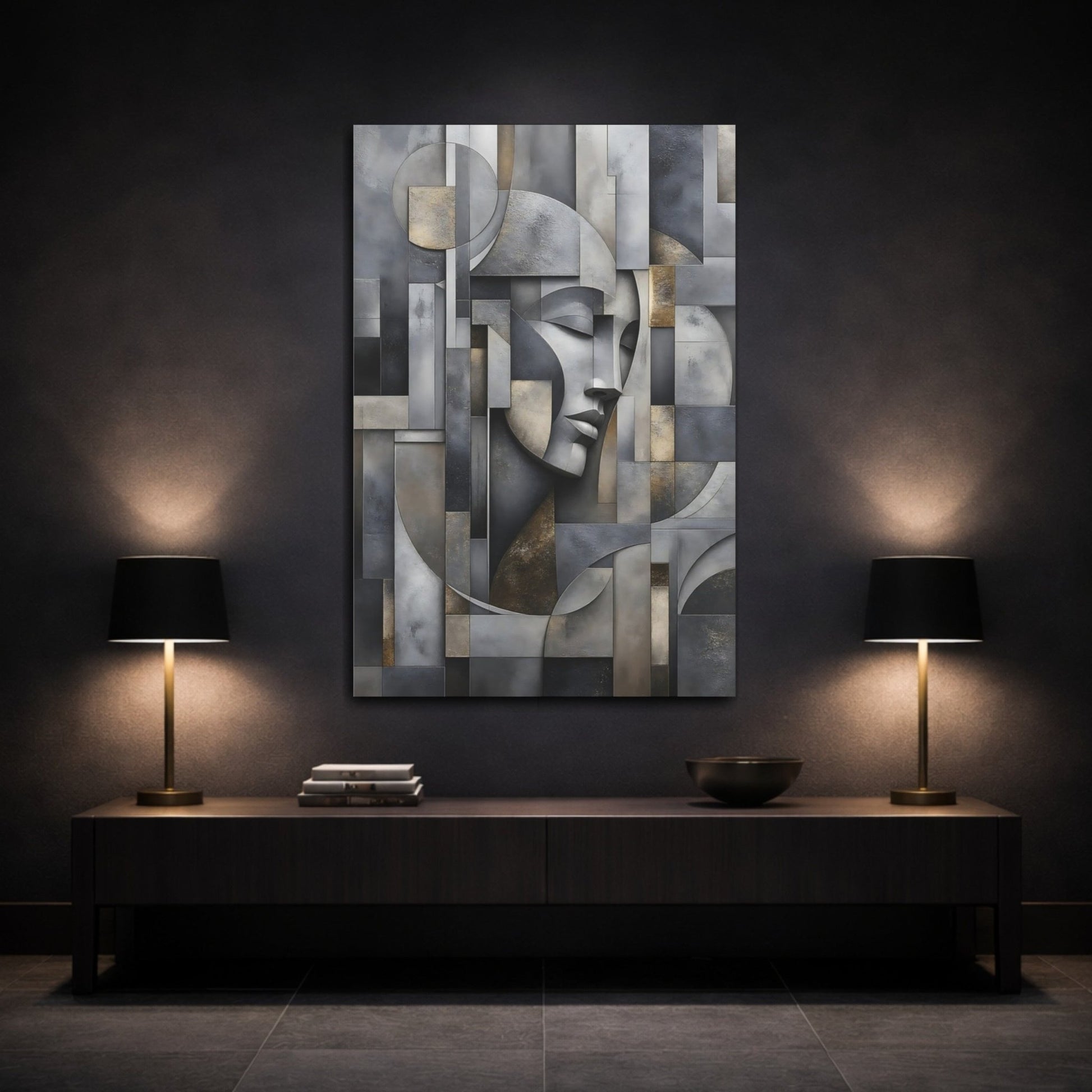 Abstract Geometric Face Grey And Gold Canvas Print – Living Room, Above Couch - YesArtYes