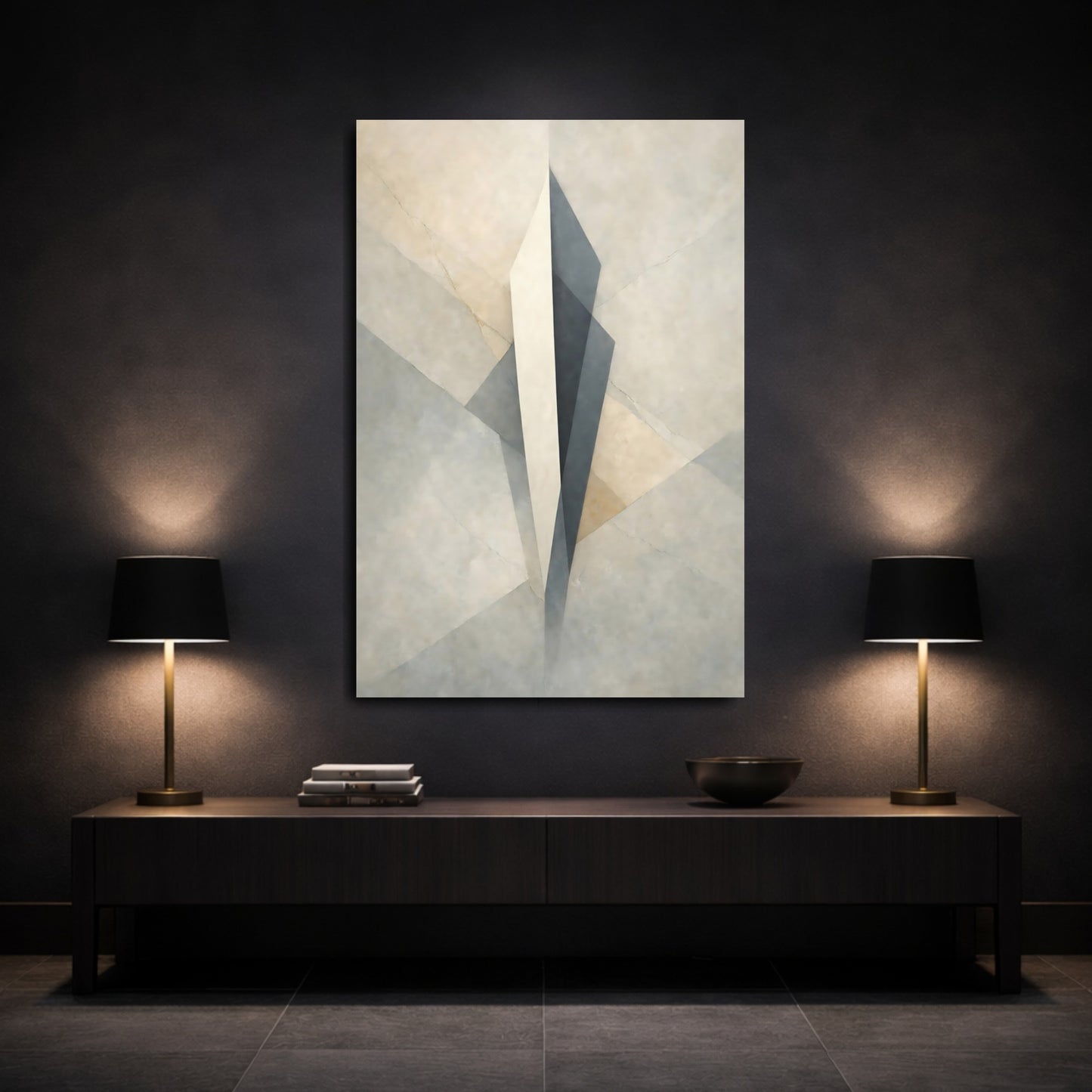 Mockup 2. Abstract Geometric Form Beige Grey Abstract shown as stretched canvas wall art