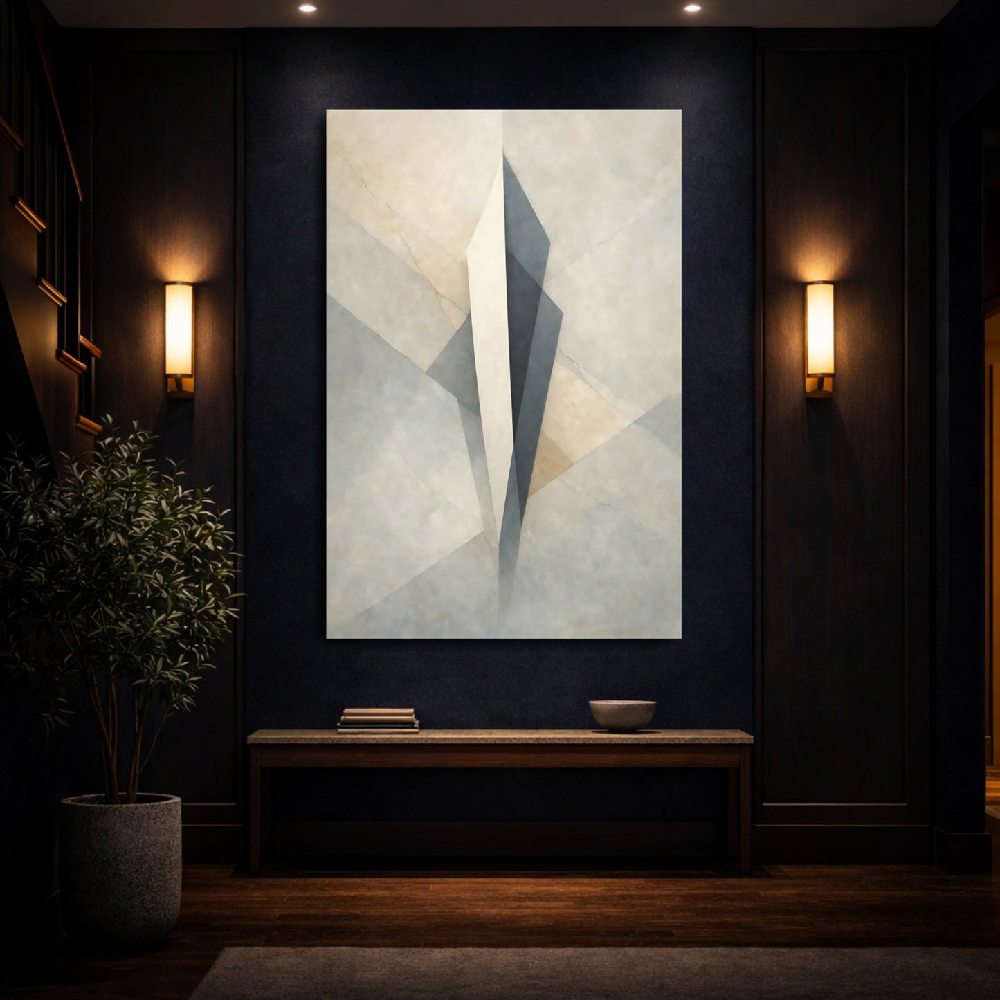 Mockup 3. Abstract Geometric Form Beige Grey Abstract shown as stretched canvas wall art