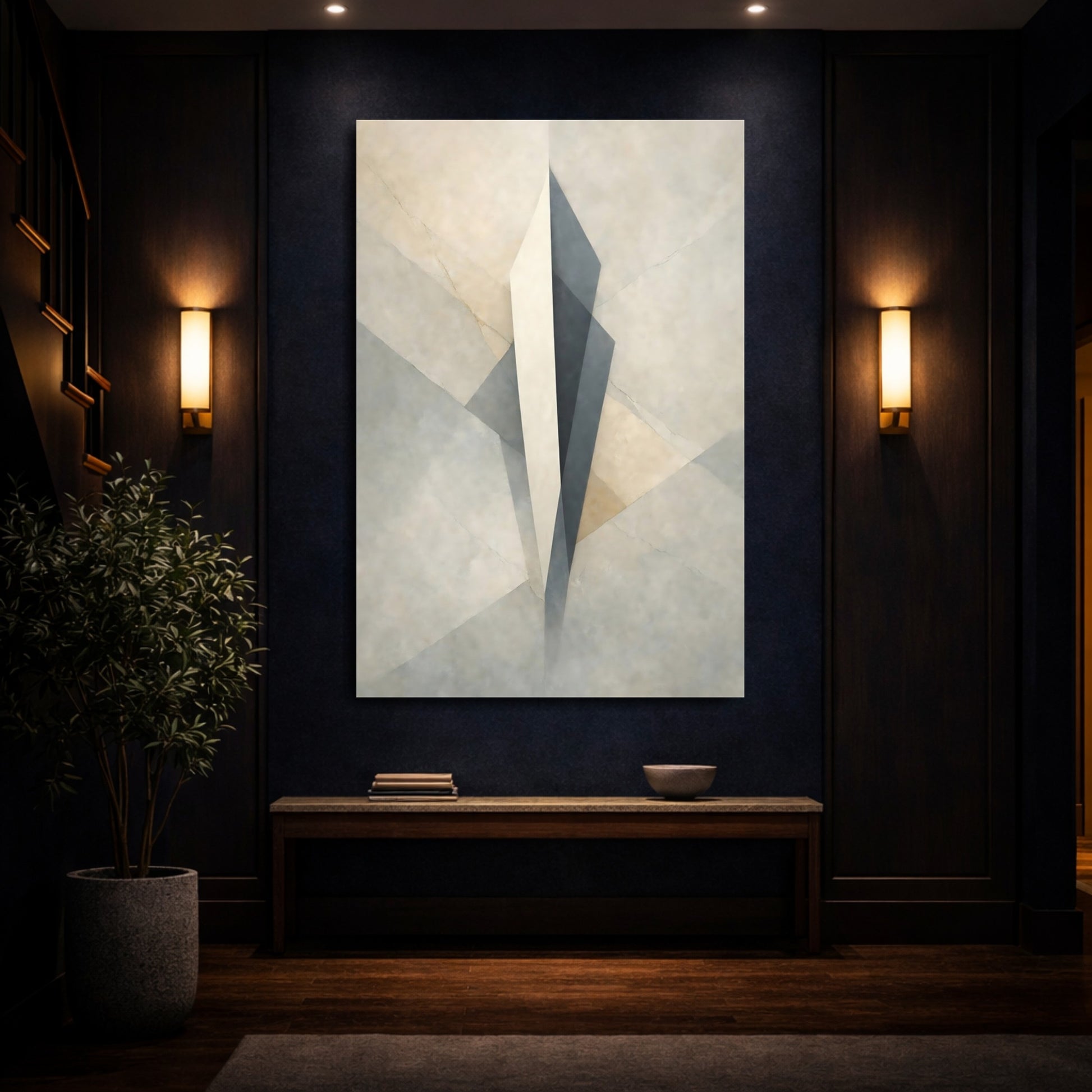 Mockup 3. Abstract Geometric Form Beige Grey Abstract shown as stretched canvas wall art