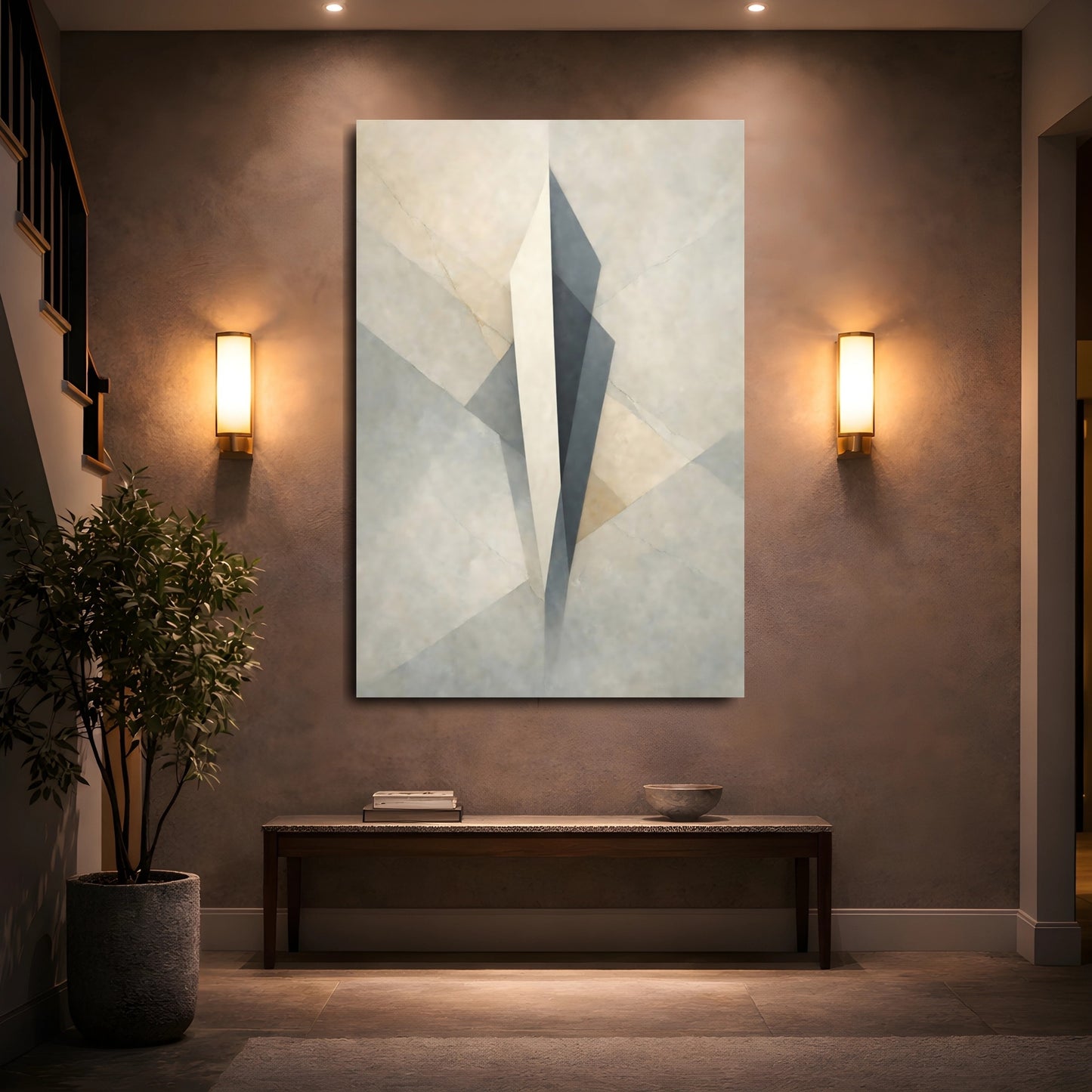 Mockup 4. Abstract Geometric Form Beige Grey Abstract shown as stretched canvas wall art