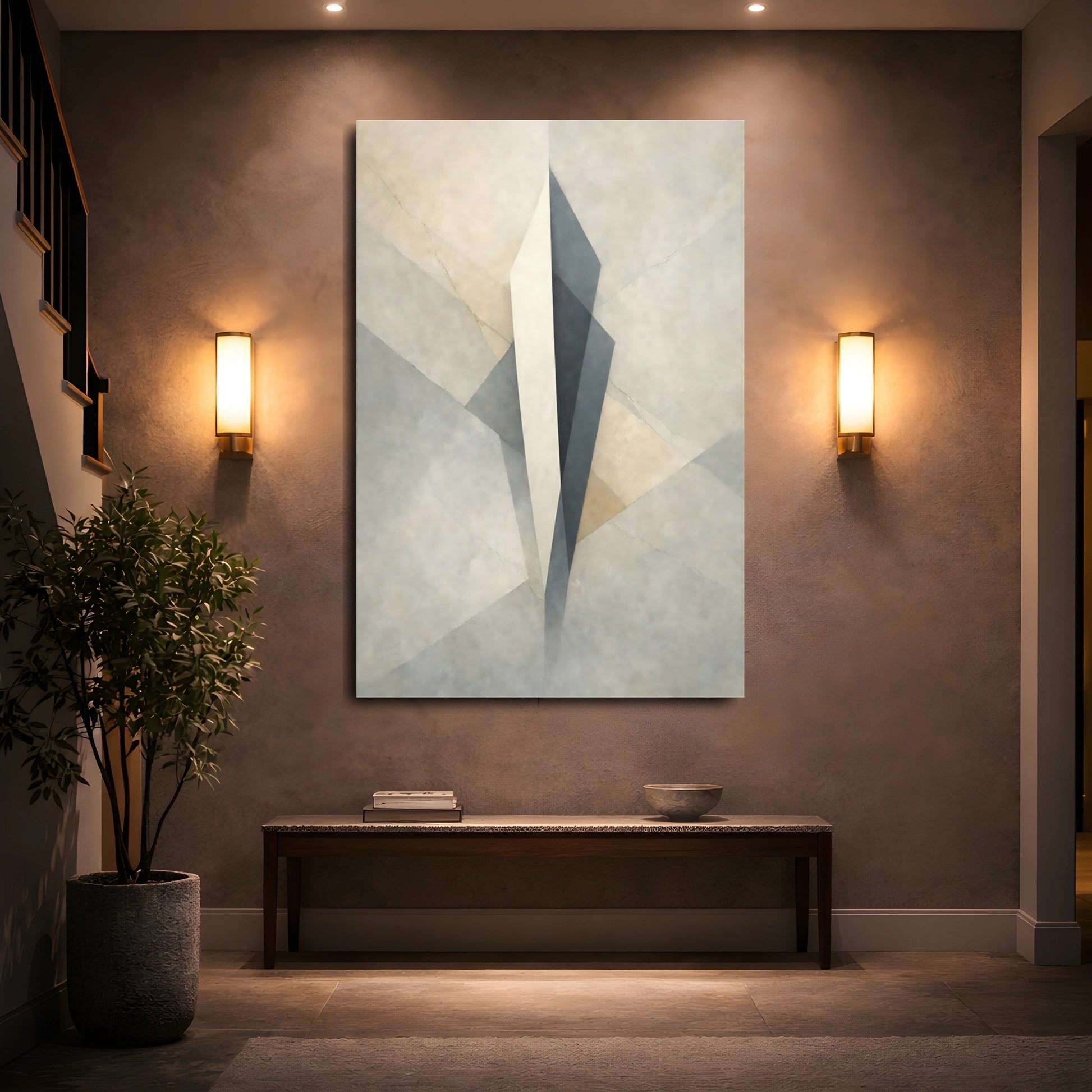 Mockup 4. Abstract Geometric Form Beige Grey Abstract shown as stretched canvas wall art