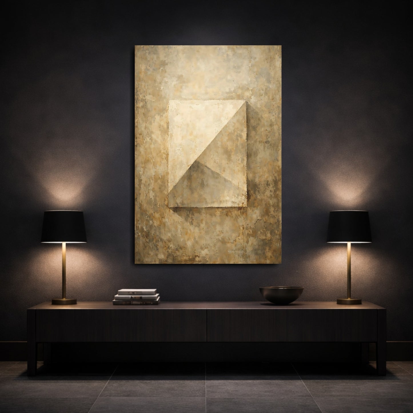 Mockup 2. Abstract Geometric Form Earthy Textured Abstract shown as stretched canvas wall art