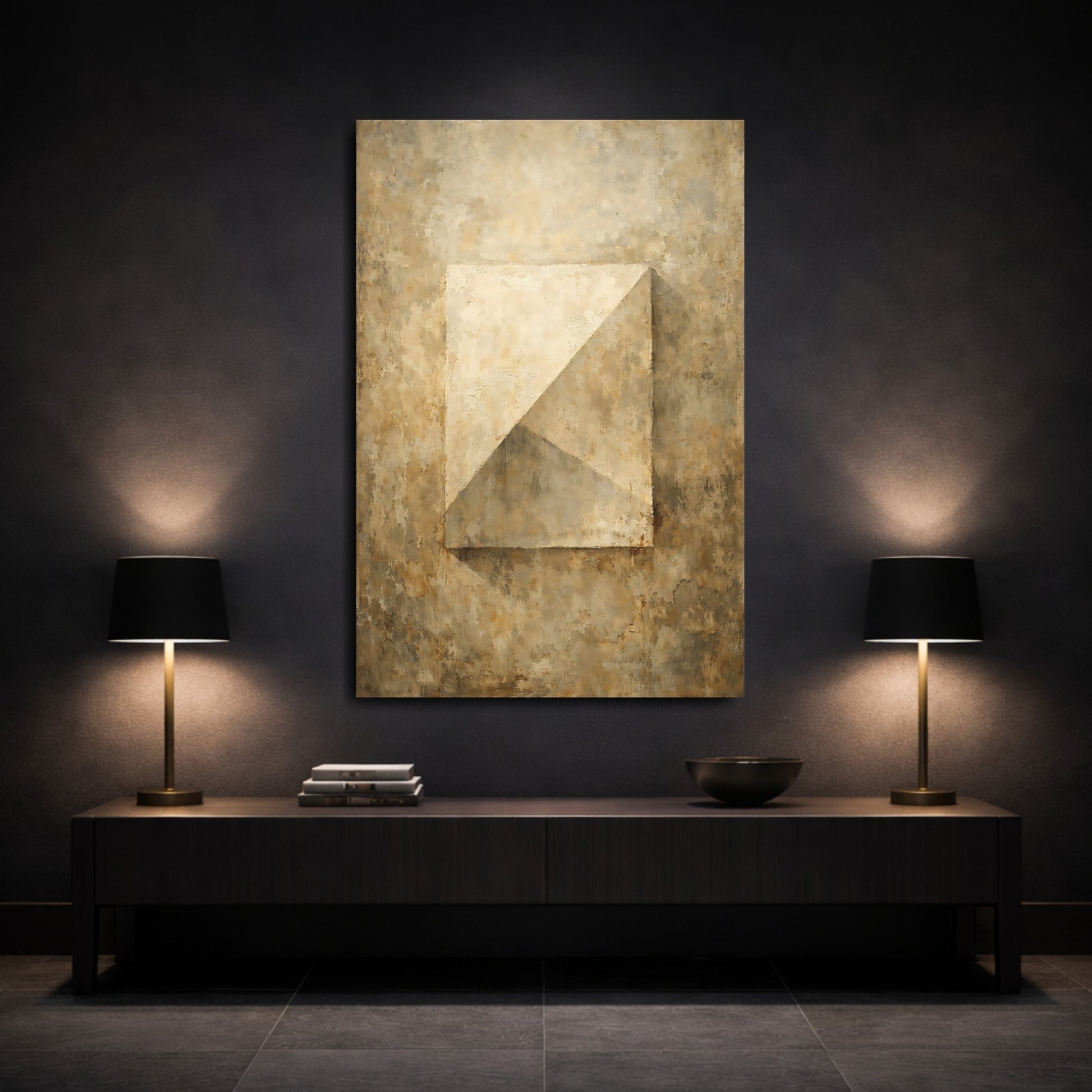 Mockup 2. Abstract Geometric Form Earthy Textured Abstract shown as stretched canvas wall art