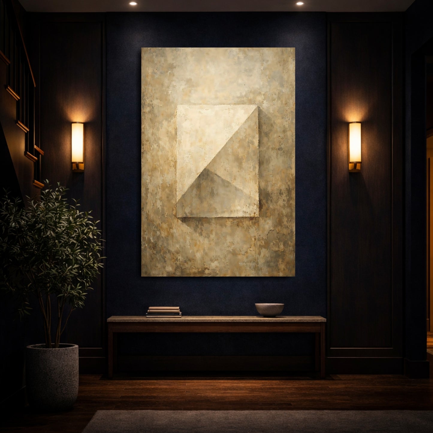 Mockup 3. Abstract Geometric Form Earthy Textured Abstract shown as stretched canvas wall art