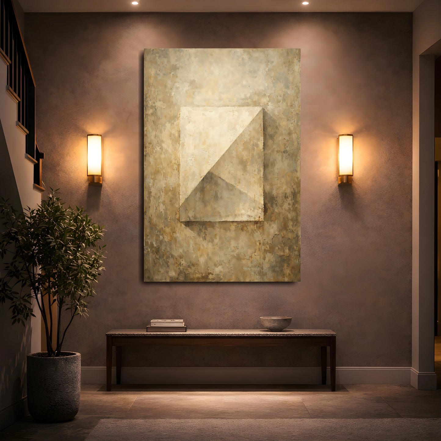 Mockup 4. Abstract Geometric Form Earthy Textured Abstract shown as stretched canvas wall art