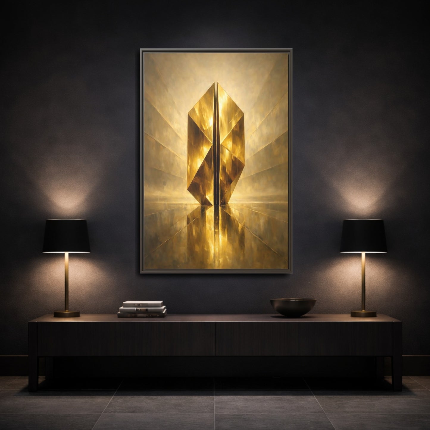 Mockup 2. Abstract Geometric Form Golden Geometry shown as stretched canvas wall art