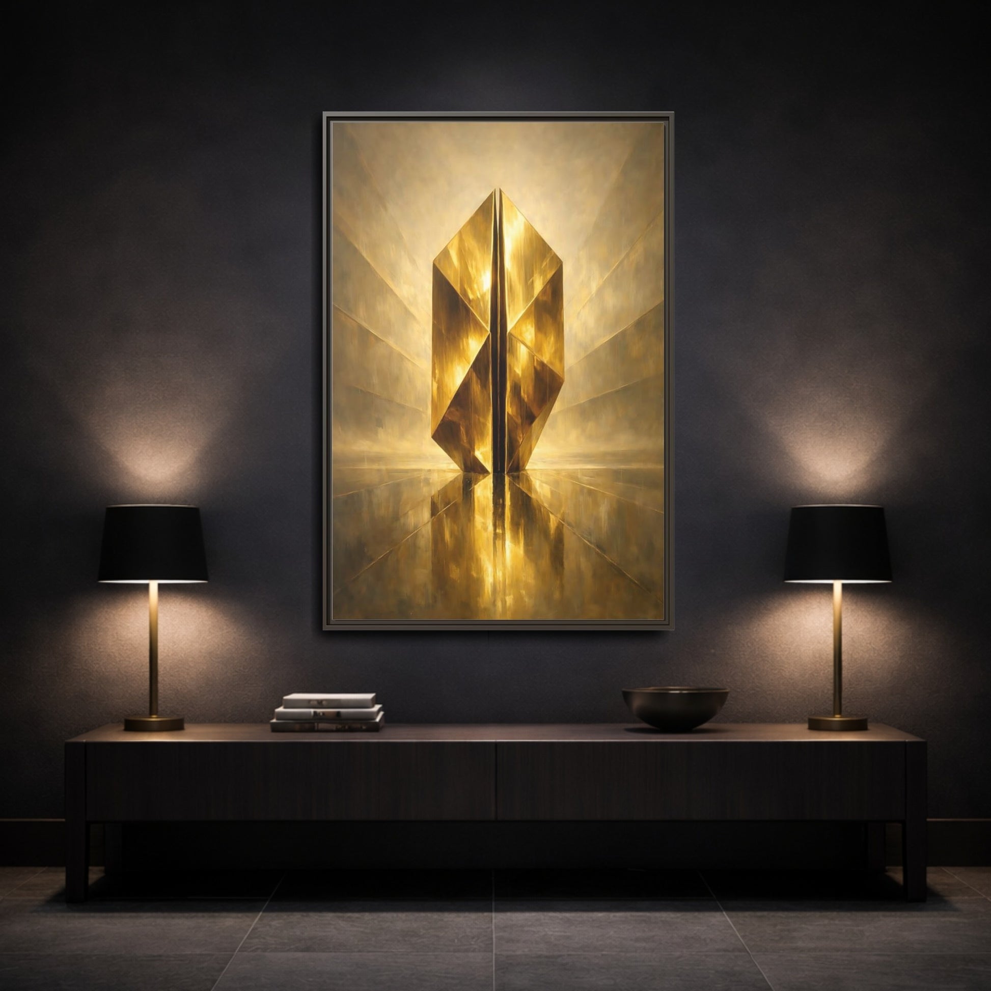 Mockup 2. Abstract Geometric Form Golden Geometry shown as stretched canvas wall art