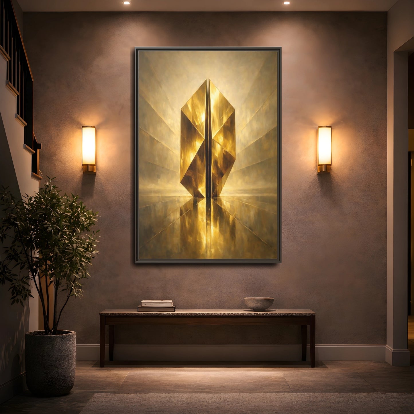 Mockup 4. Abstract Geometric Form Golden Geometry shown as stretched canvas wall art