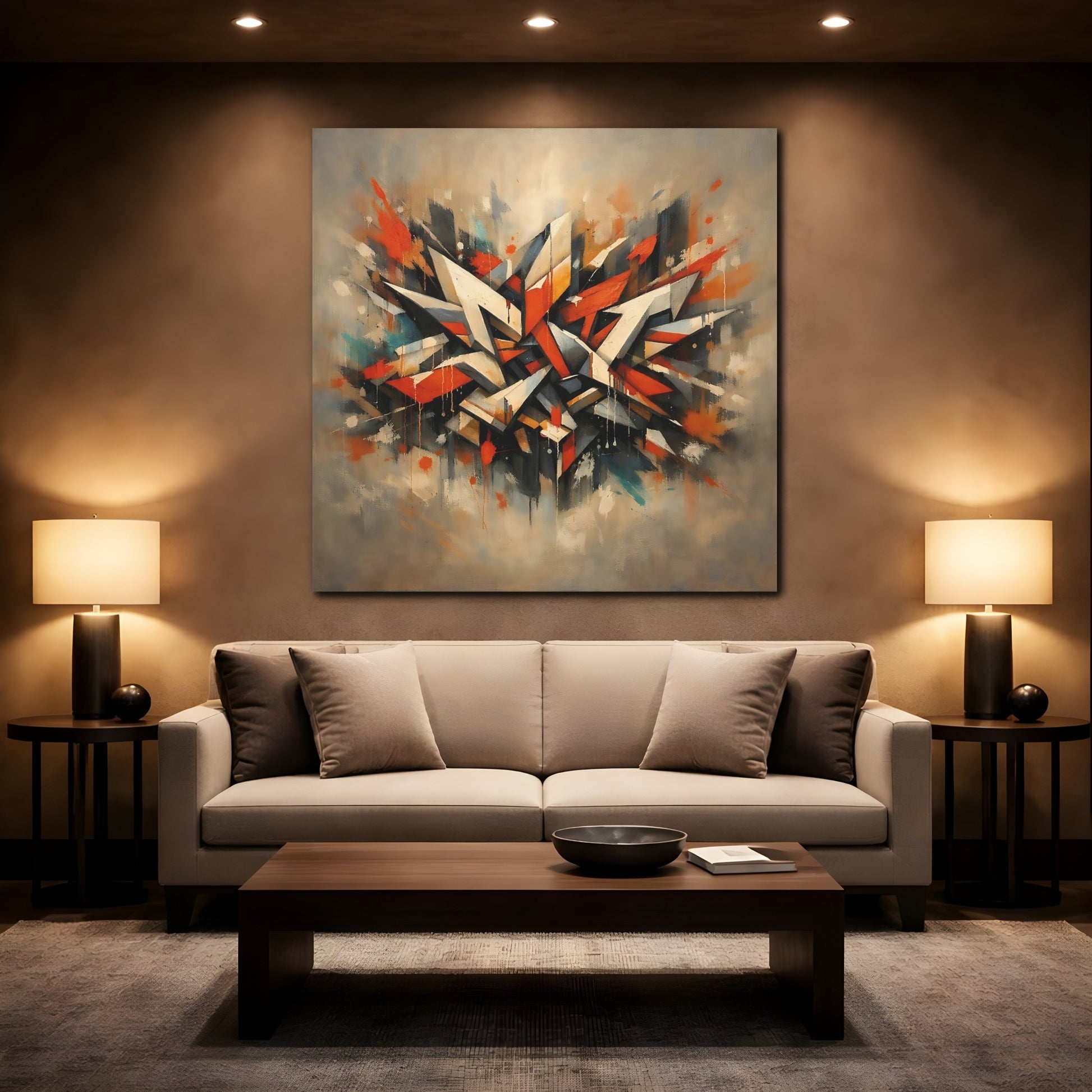 Mockup 2. Abstract Geometric Forms Abstract Orange Gray shown as stretched canvas wall art