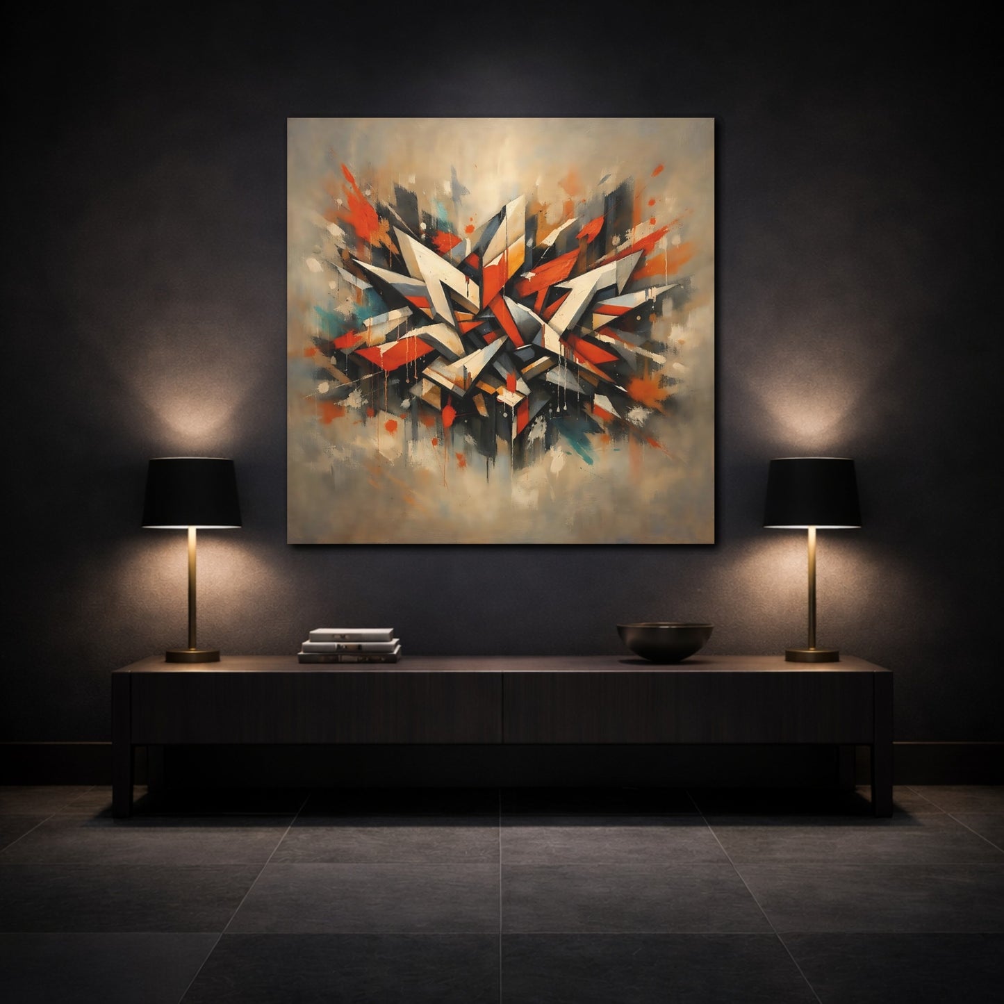 Mockup 3. Abstract Geometric Forms Abstract Orange Gray shown as stretched canvas wall art