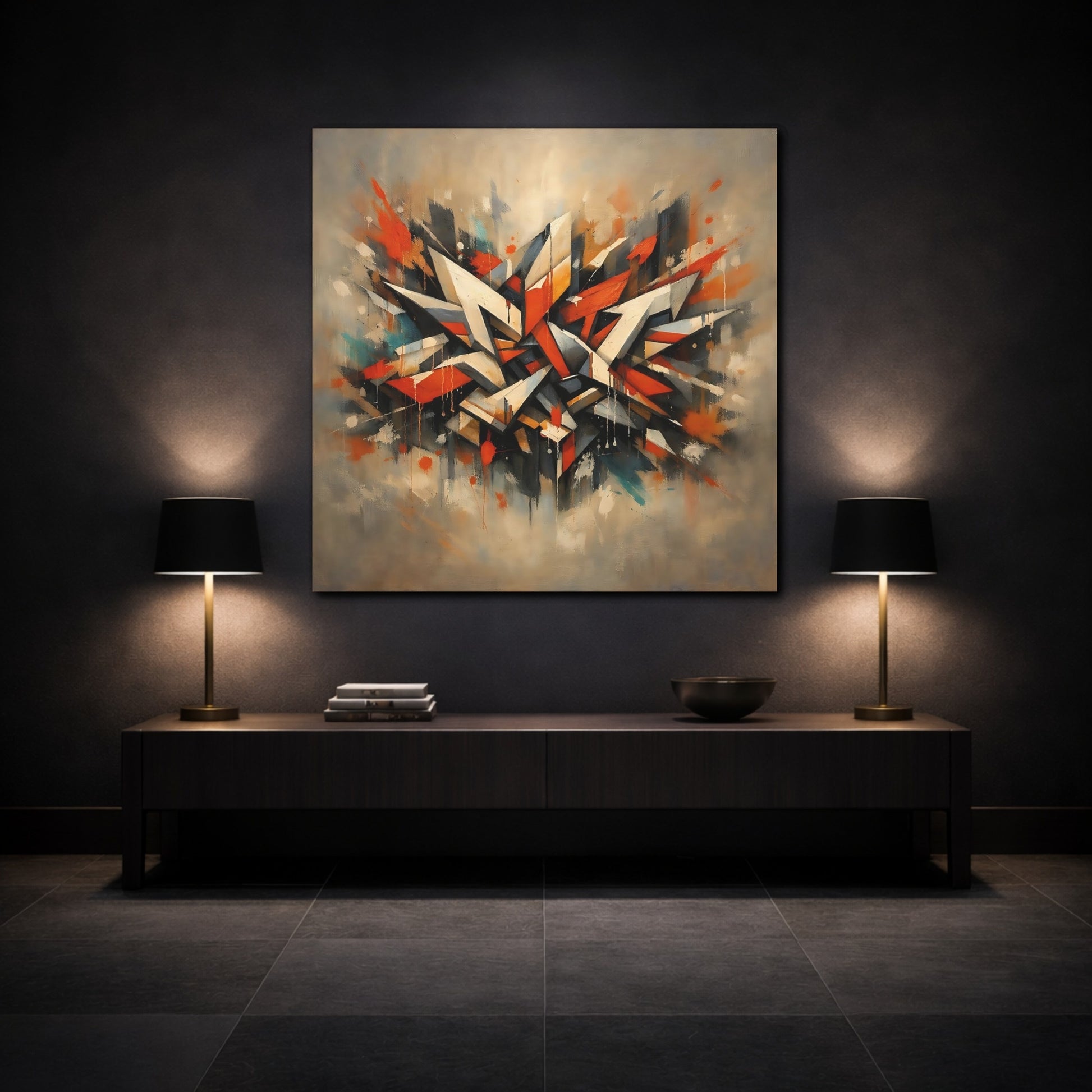 Mockup 3. Abstract Geometric Forms Abstract Orange Gray shown as stretched canvas wall art