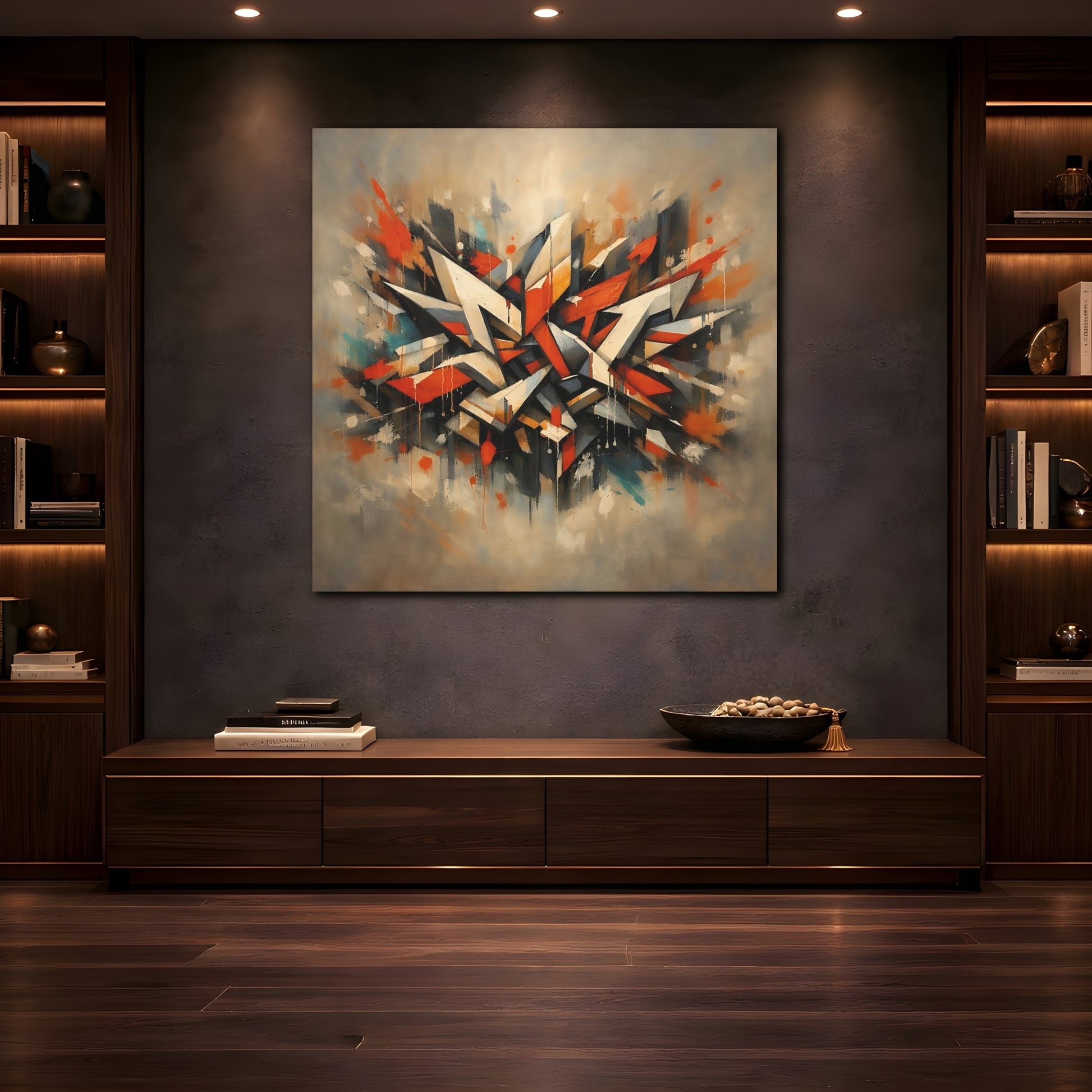 Mockup 4. Abstract Geometric Forms Abstract Orange Gray shown as stretched canvas wall art