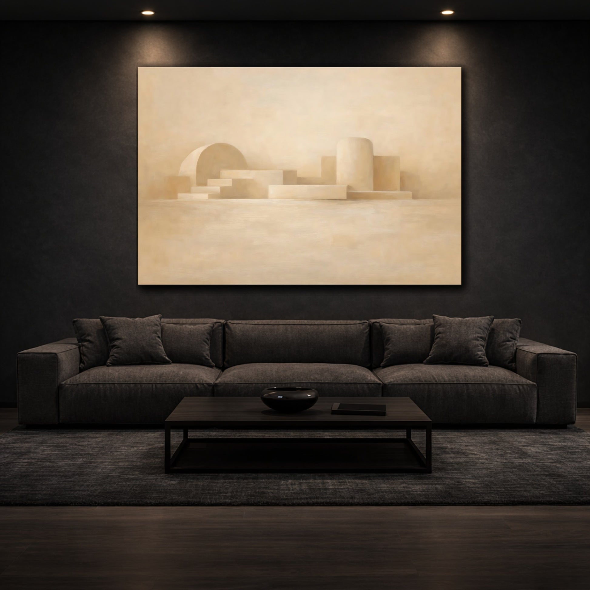 Mockup 2. Abstract Geometric Forms Beige Abstract shown as stretched canvas wall art