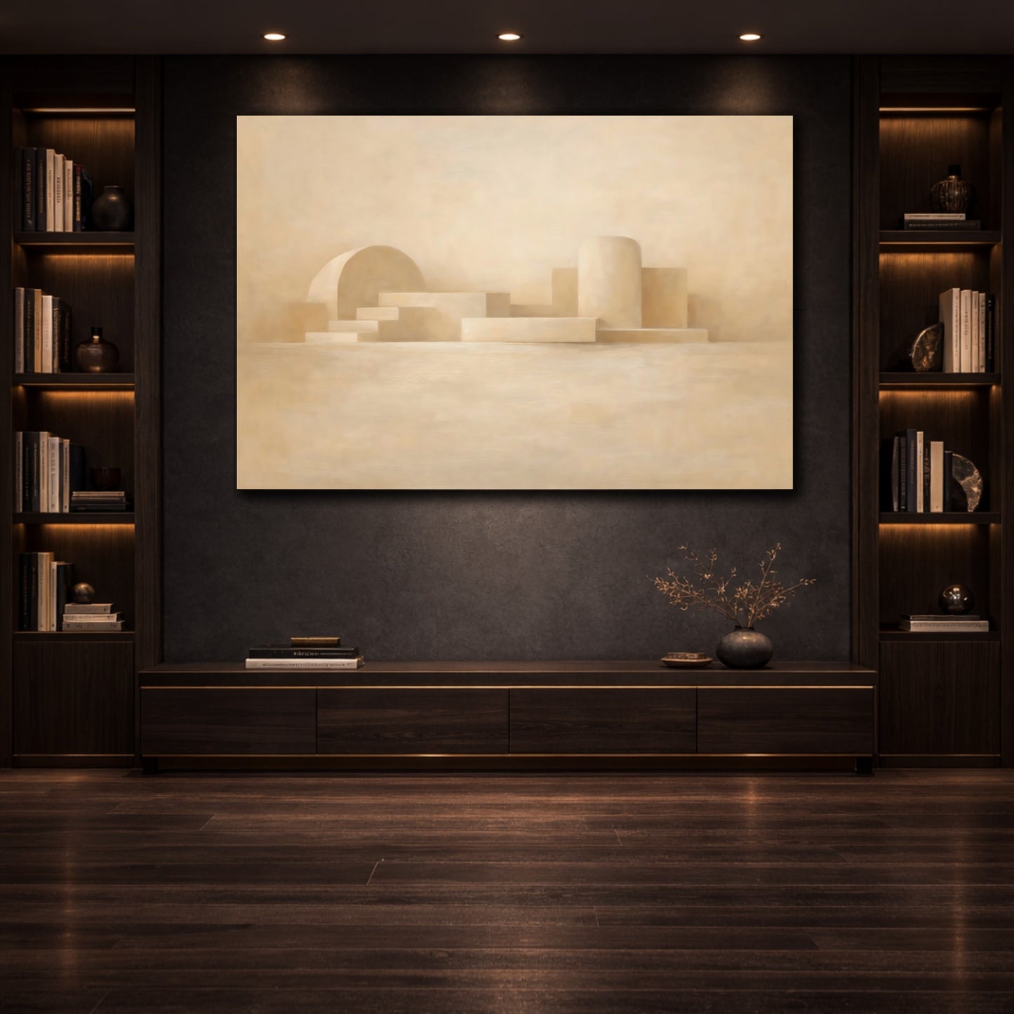 Mockup 3. Abstract Geometric Forms Beige Abstract shown as stretched canvas wall art
