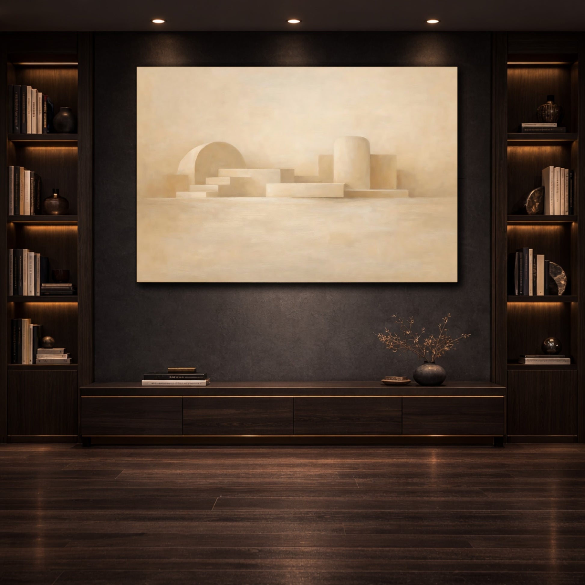 Mockup 3. Abstract Geometric Forms Beige Abstract shown as stretched canvas wall art