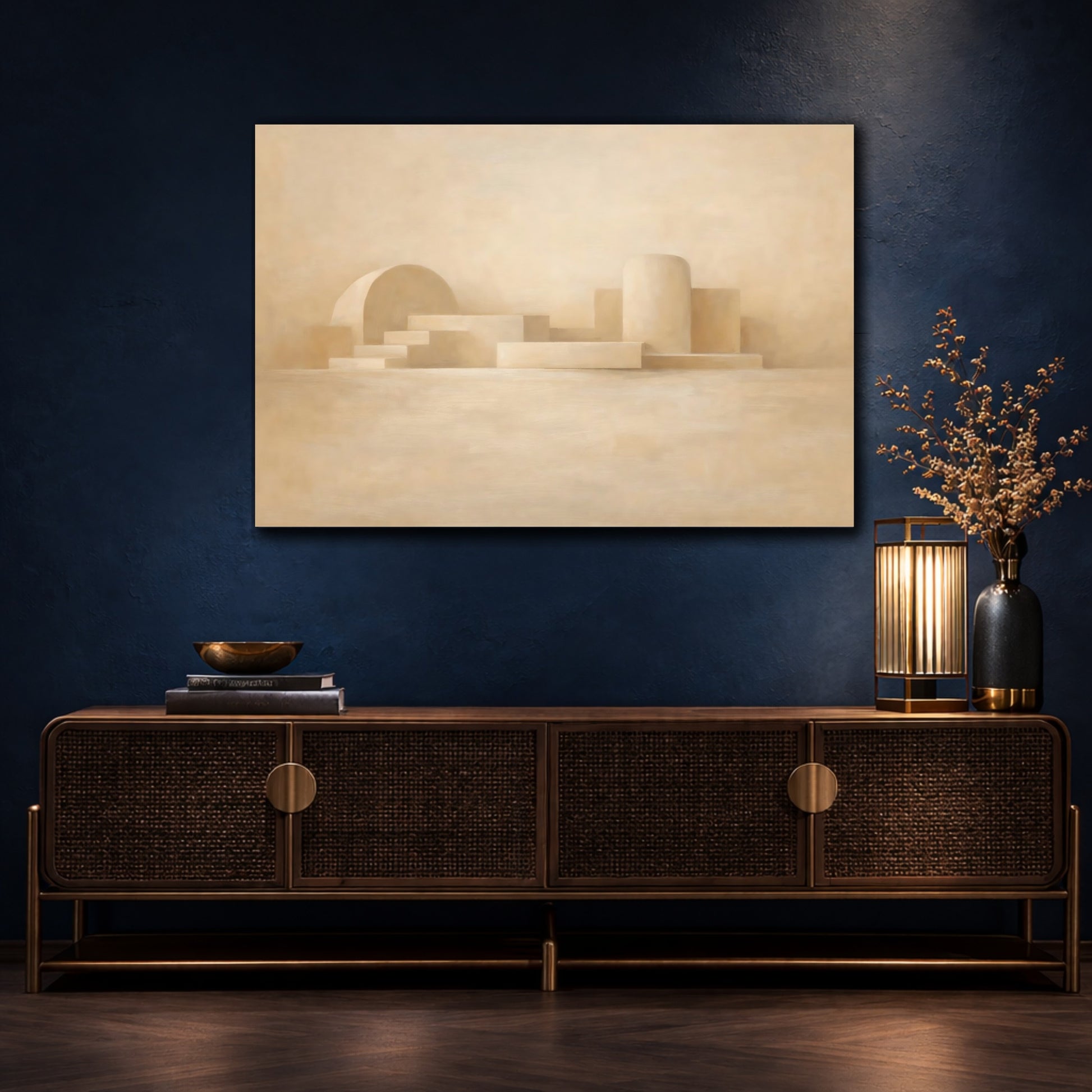 Mockup 4. Abstract Geometric Forms Beige Abstract shown as stretched canvas wall art