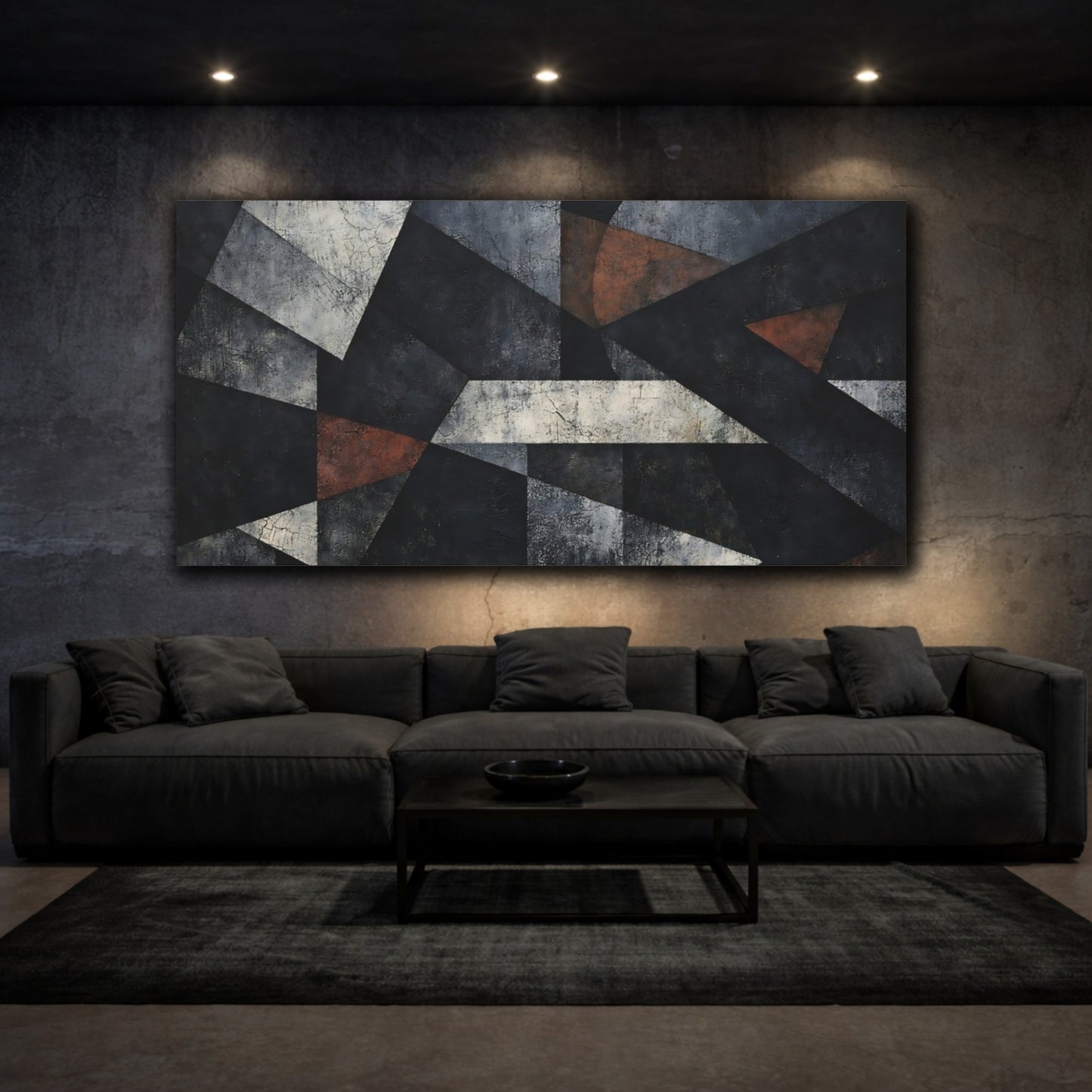 Mockup 2. Abstract Geometric Forms Black Grey Abstract shown as stretched canvas wall art