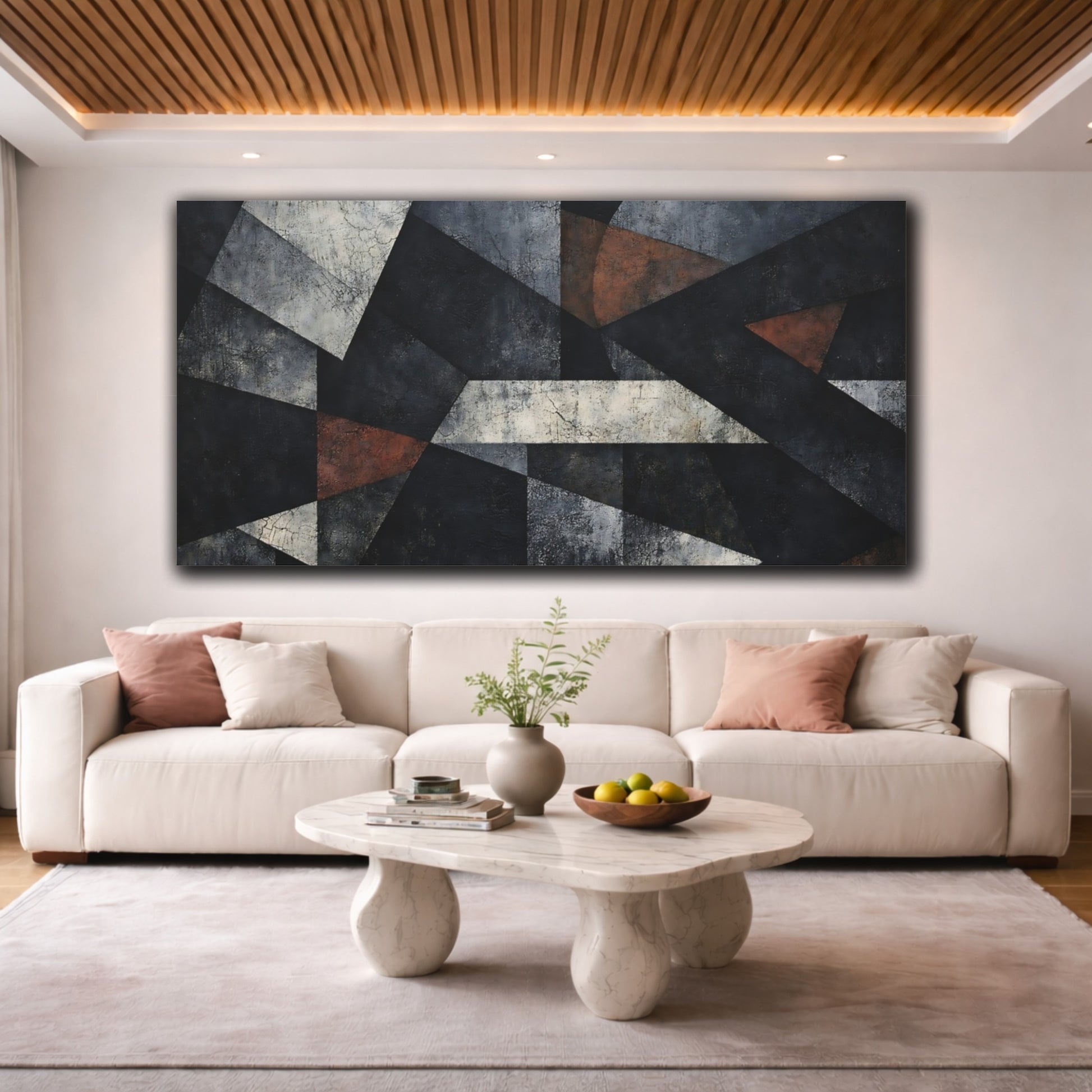 Mockup 3. Abstract Geometric Forms Black Grey Abstract shown as stretched canvas wall art