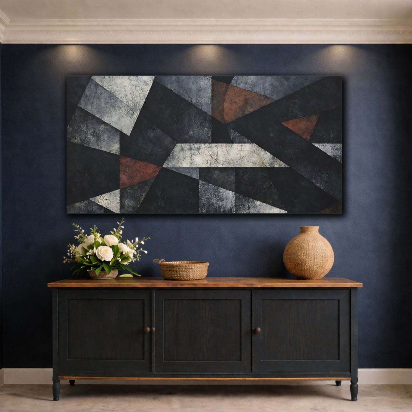 Mockup 4. Abstract Geometric Forms Black Grey Abstract shown as stretched canvas wall art