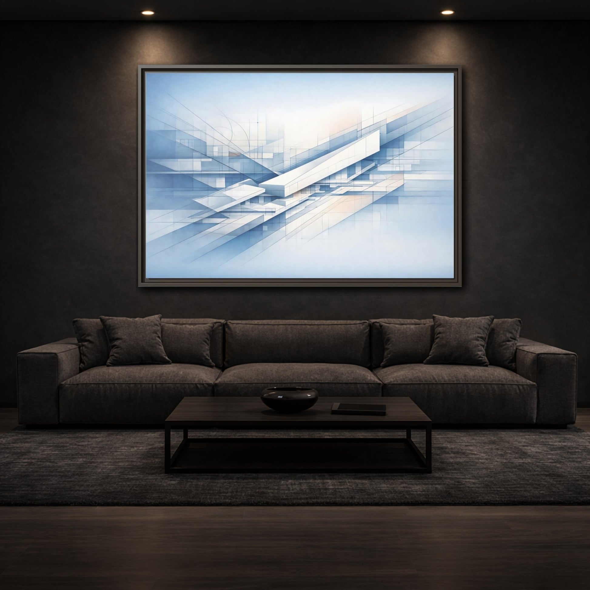 Mockup 2. Abstract Geometric Forms Blue Abstract Geometric shown as stretched canvas wall art