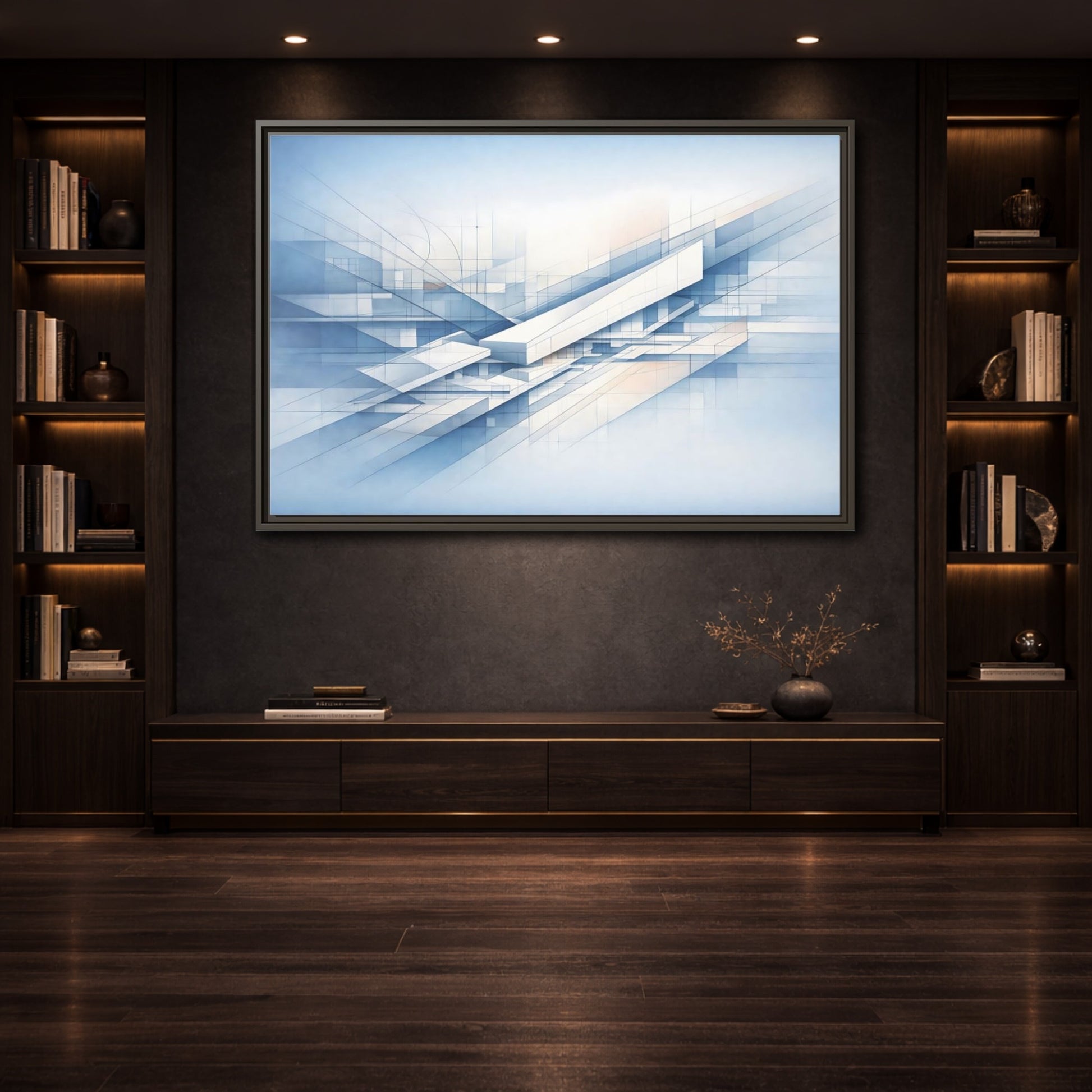 Mockup 3. Abstract Geometric Forms Blue Abstract Geometric shown as stretched canvas wall art