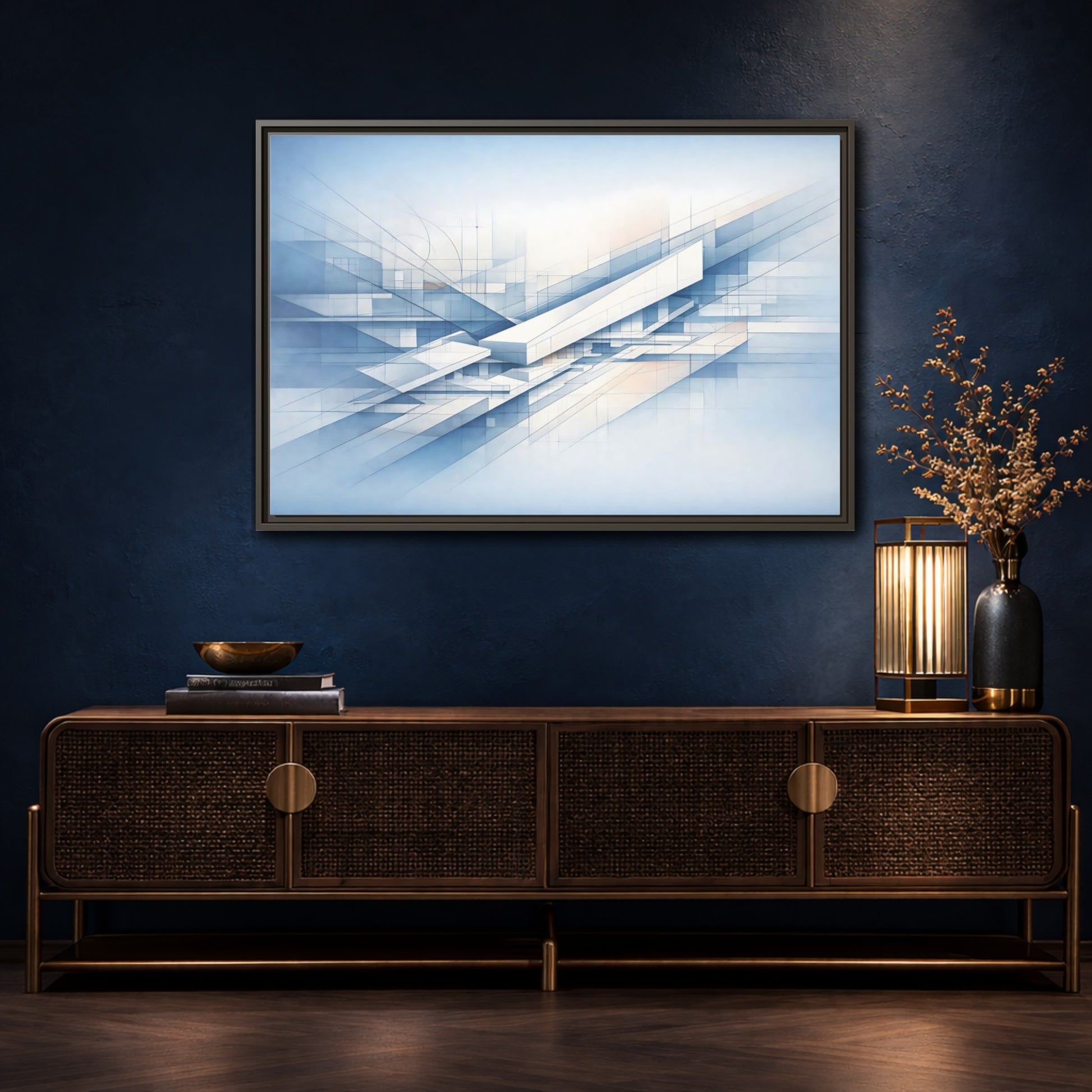 Mockup 4. Abstract Geometric Forms Blue Abstract Geometric shown as stretched canvas wall art