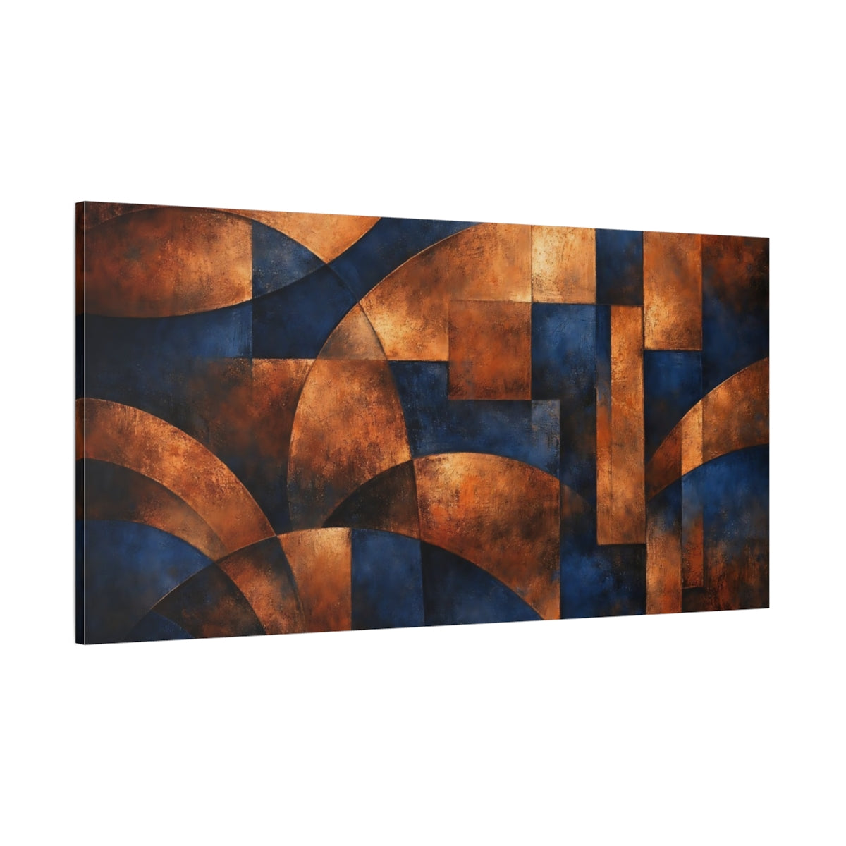 Main Mockup. Abstract Geometric Forms Blue And Copper Abstract shown as stretched canvas wall art