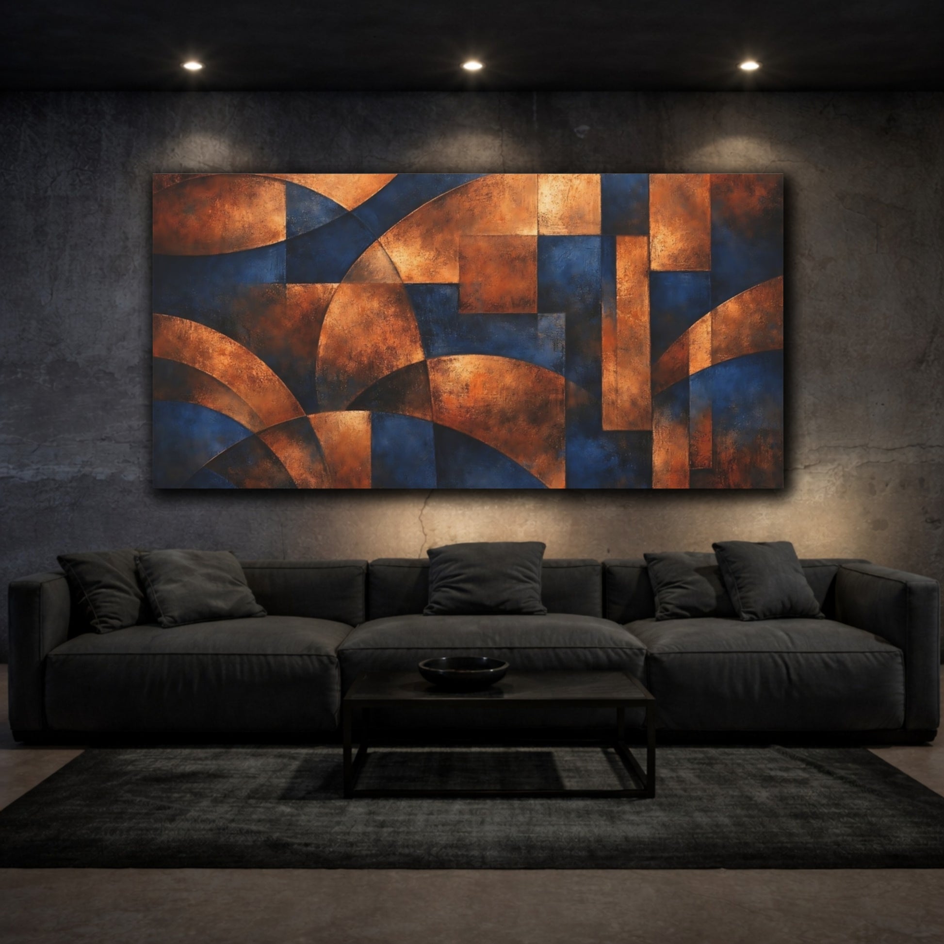 Mockup 2. Abstract Geometric Forms Blue And Copper Abstract shown as stretched canvas wall art