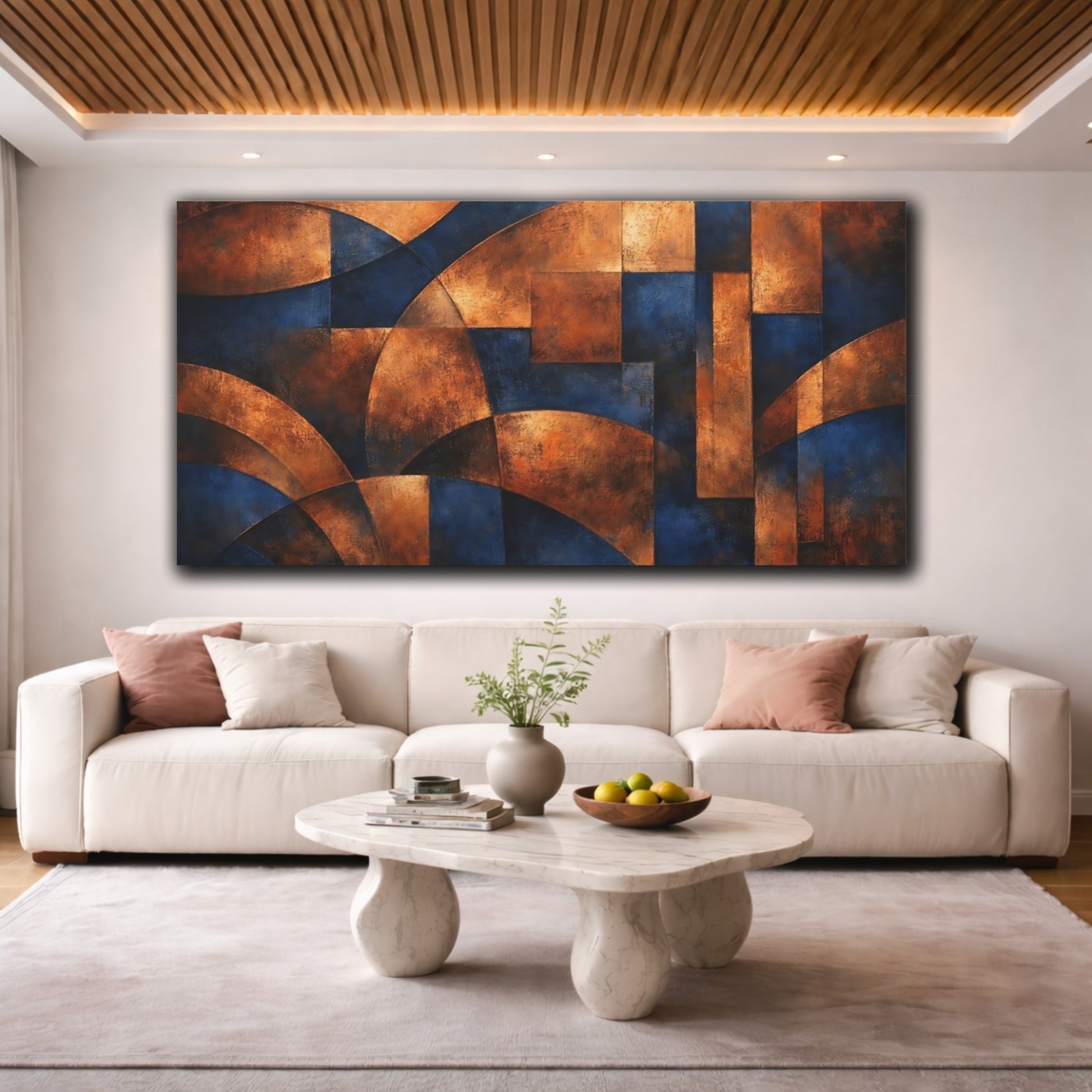 Mockup 3. Abstract Geometric Forms Blue And Copper Abstract shown as stretched canvas wall art