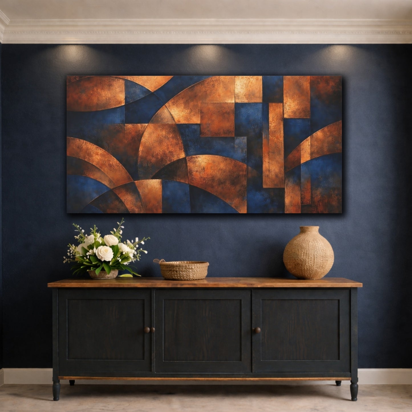 Mockup 4. Abstract Geometric Forms Blue And Copper Abstract shown as stretched canvas wall art