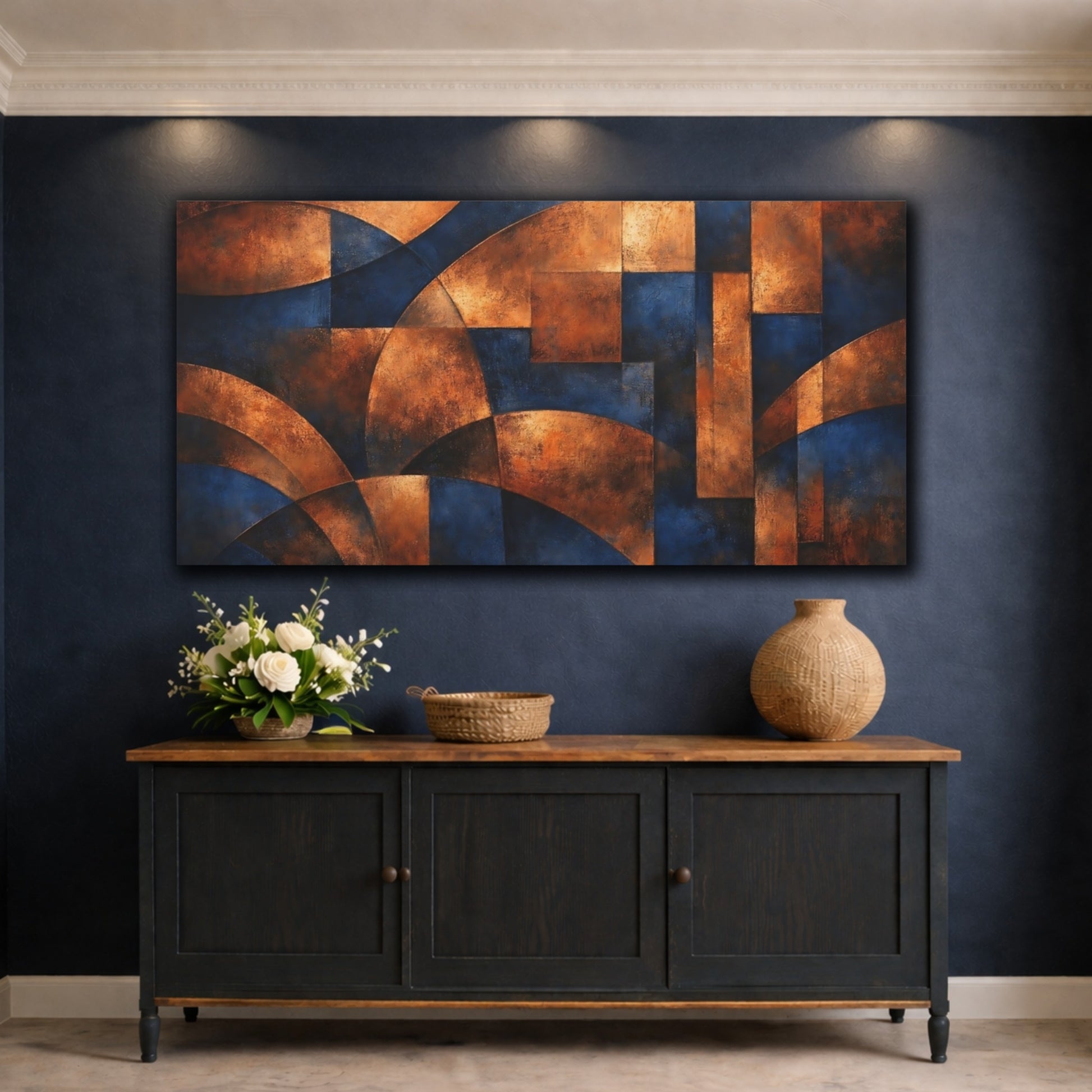 Mockup 4. Abstract Geometric Forms Blue And Copper Abstract shown as stretched canvas wall art