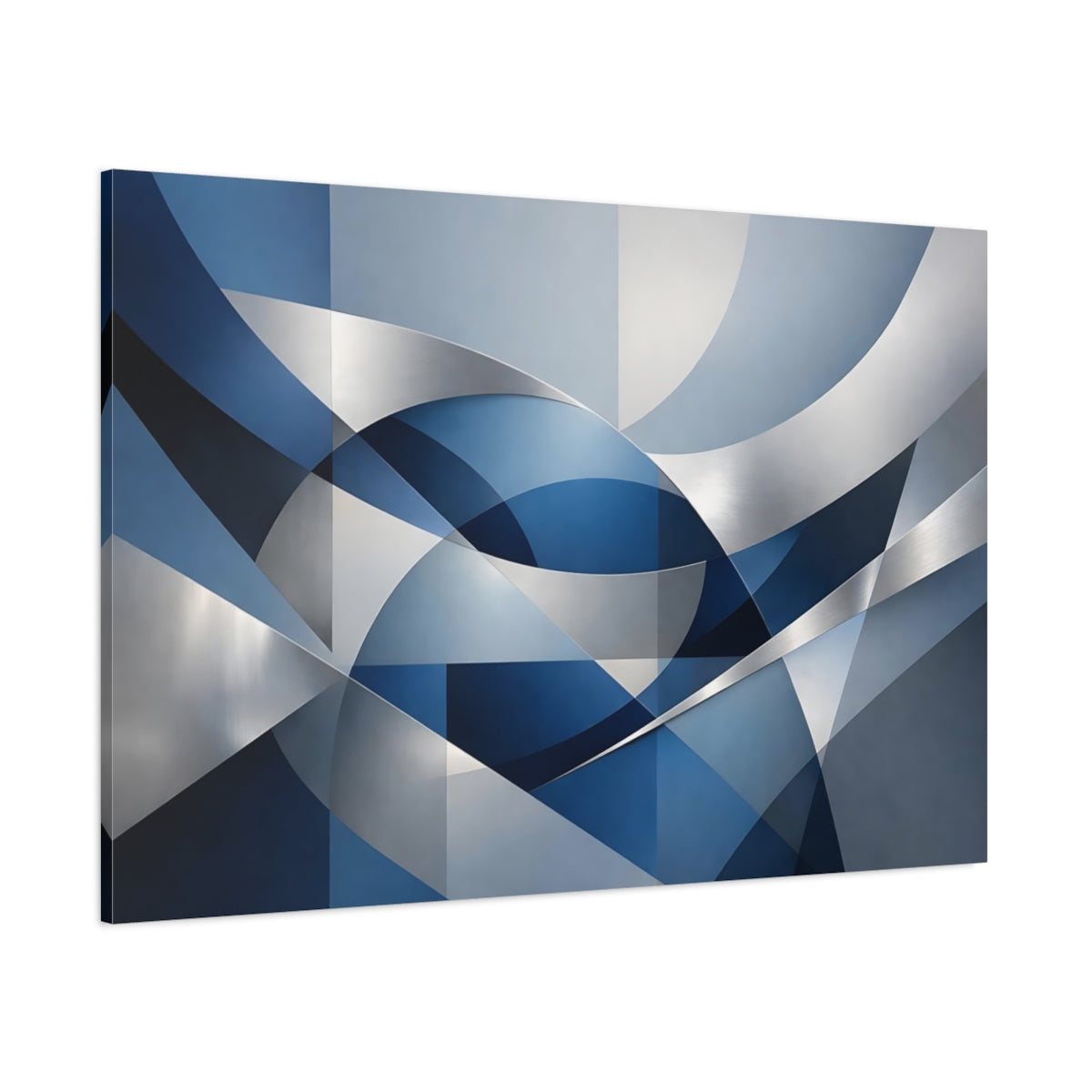Main Mockup. Abstract Geometric Forms Blue And Silver shown as stretched canvas wall art