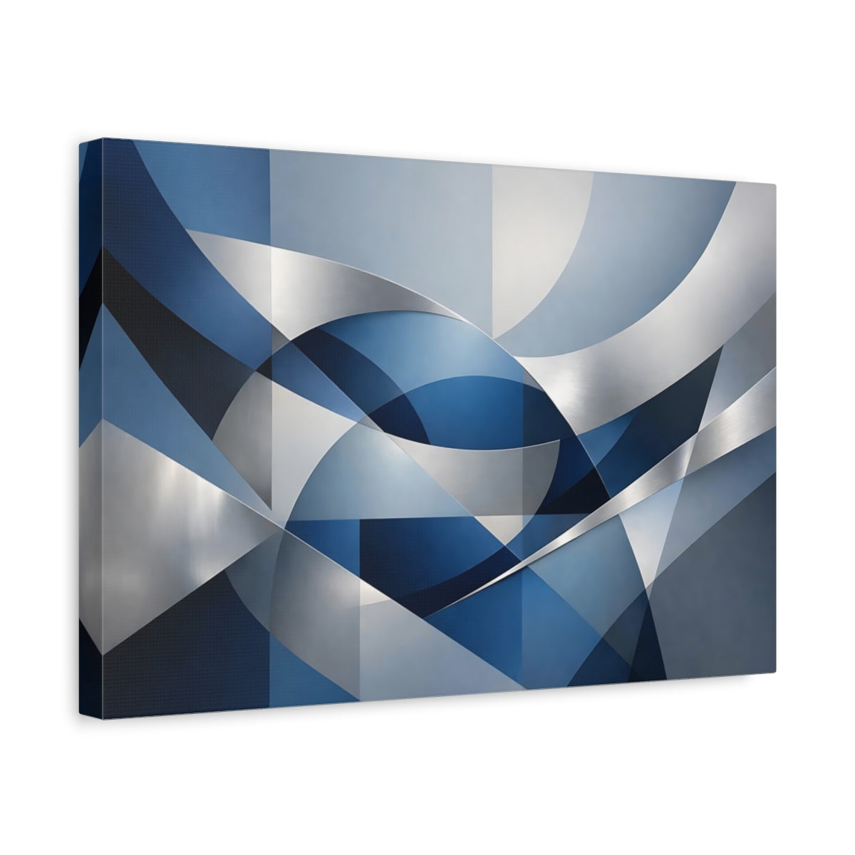 Side Mockup 4. Abstract Geometric Forms Blue And Silver shown as stretched canvas wall art